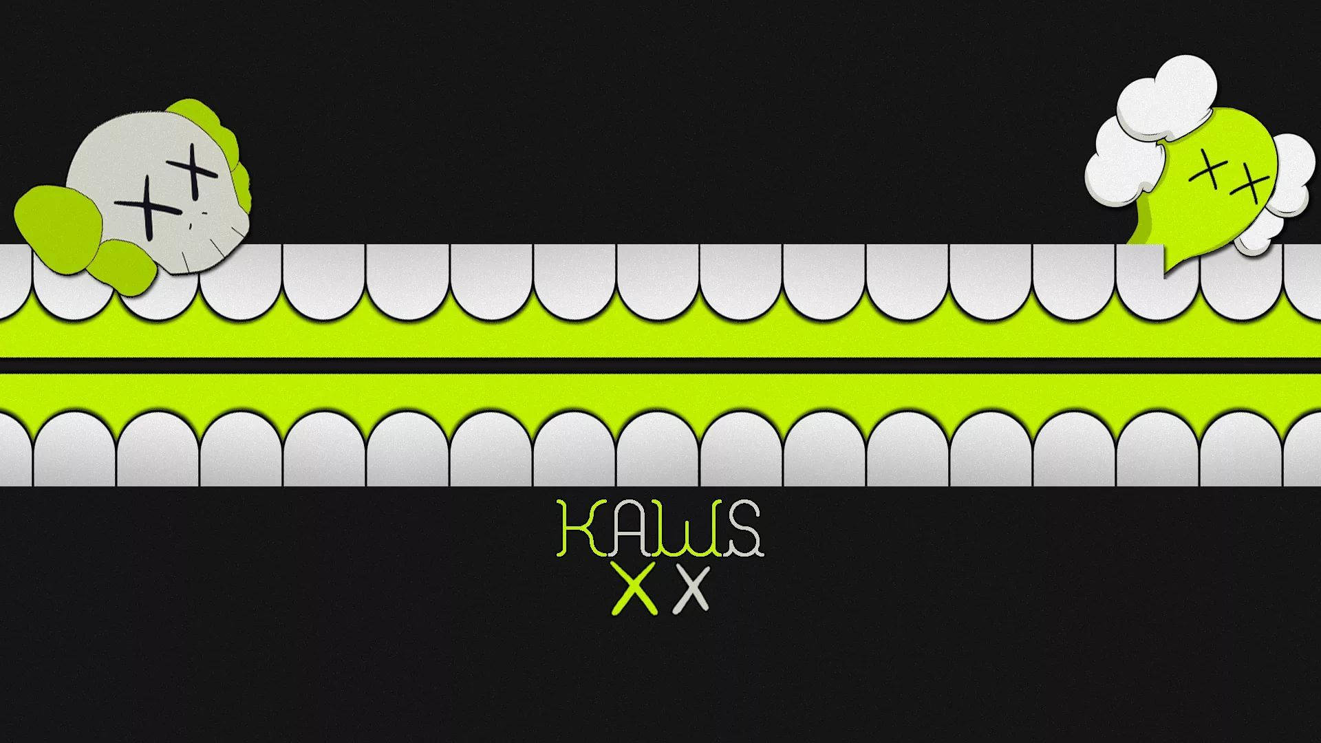 kaws 4K 桌布 壁紙 — 兩個KAWS角色在黑色背景上，從一個亮綠色和白色的扇形屏障上方探出頭來。