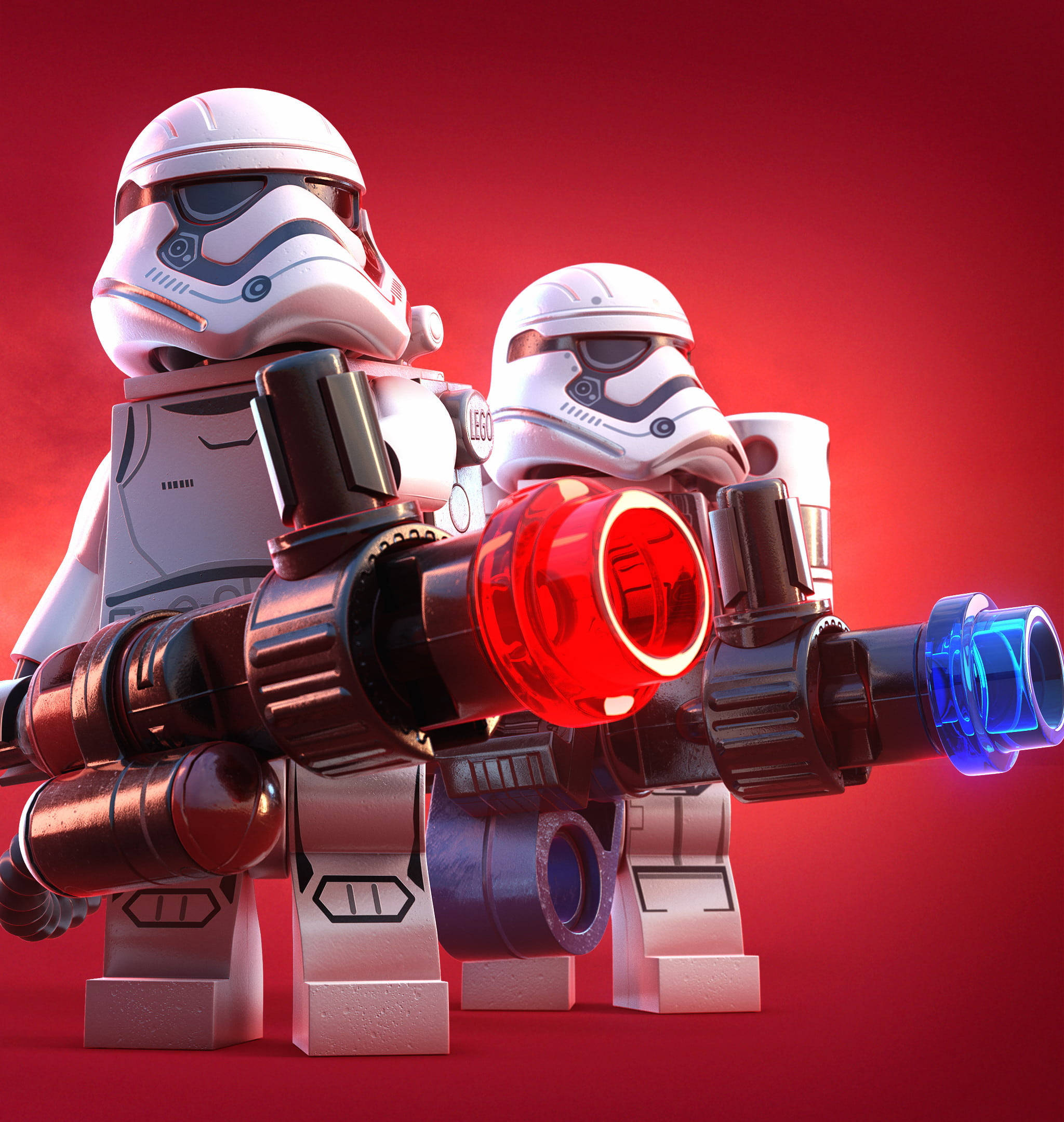 Star Wars Red 桌布 壁紙 — 兩個LEGO風暴兵並肩站立，在鮮紅色背景前手持發光的紅色和藍色爆能槍。