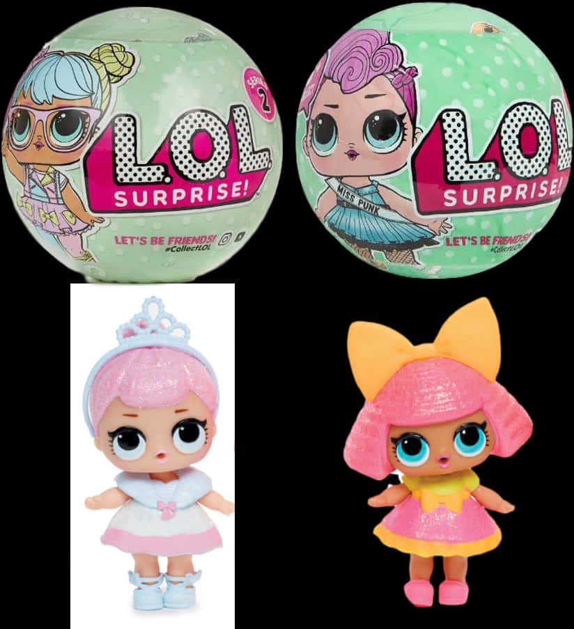 Toy 桌布 壁紙 — 兩個LOL Surprise! 玩具球和兩個已揭曉的娃娃，擁有閃亮粉紅色頭髮和大藍色眼睛。