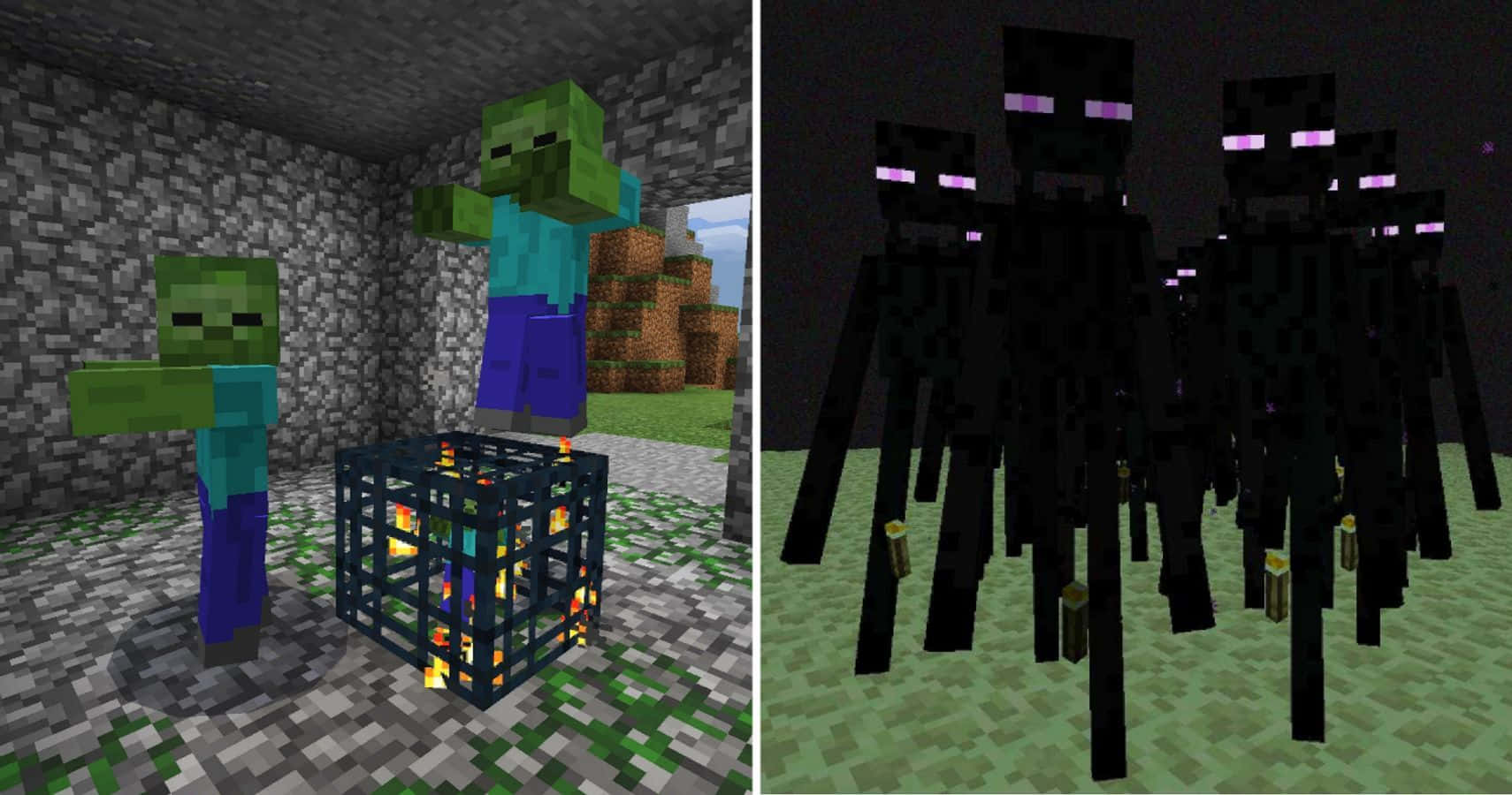 Minecraft Farming 桌布 壁紙 — 兩個Minecraft場景：熔爐附近的殭屍和黑暗草地上的終界使者群體。