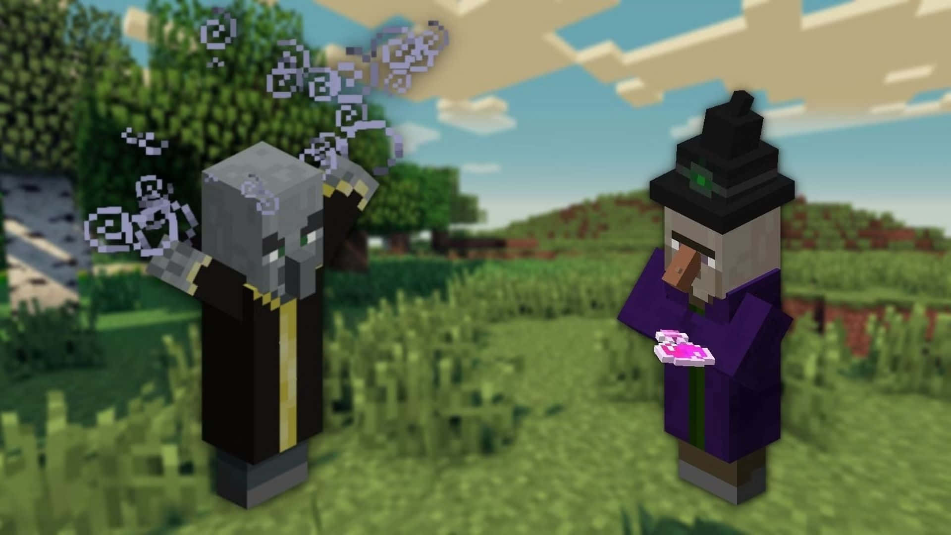 Minecraft Witch 桌布 壁紙 — 兩個Minecraft女巫在草地上，一個施展紫色法術，另一個在方塊天空下拿著藥水。