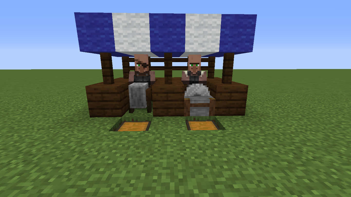 Minecraft Villager 桌布 壁紙 — 兩個Minecraft村民坐在草地上一個藍白條紋遮陽篷下的木製攤位。