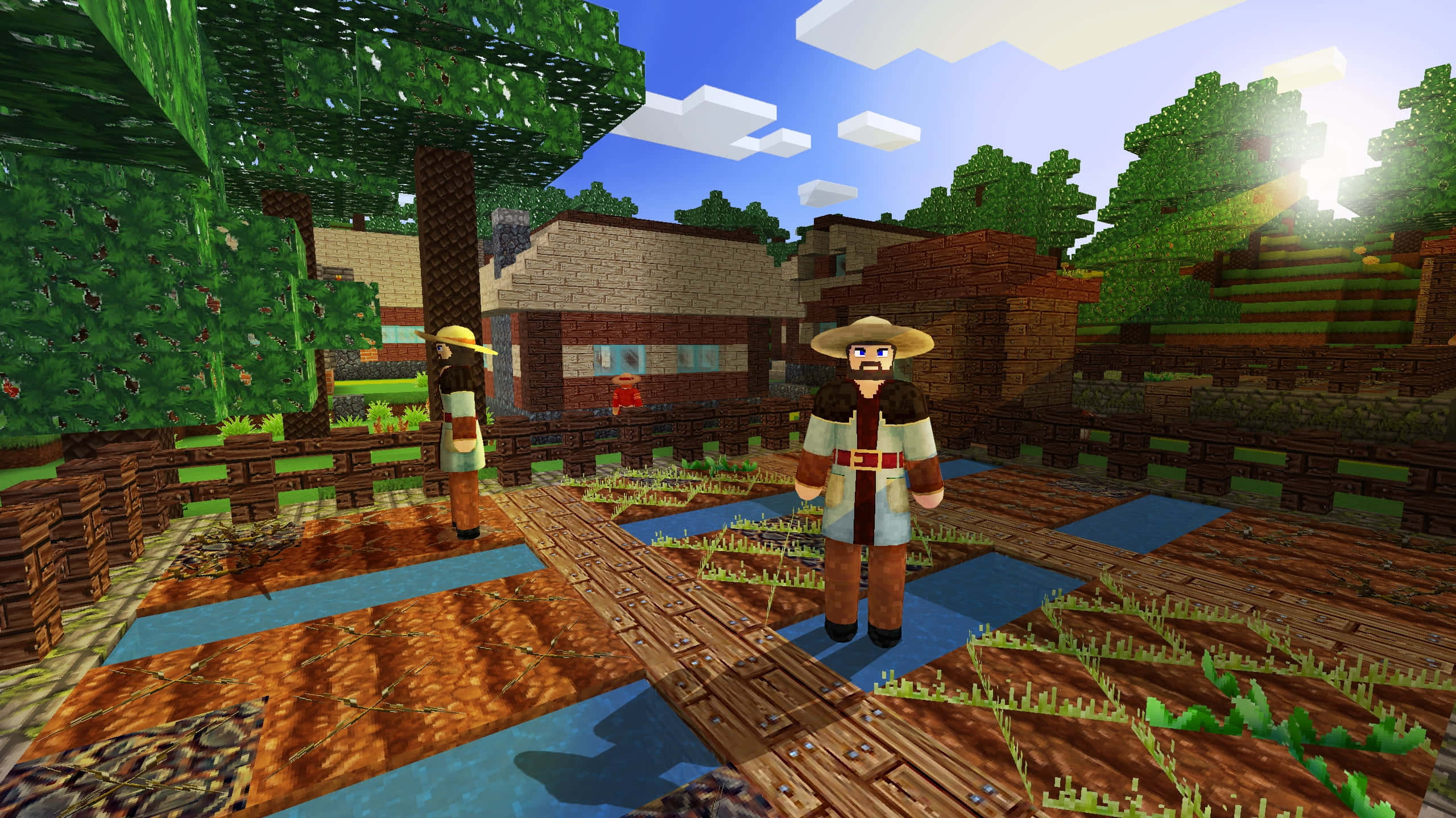 Minecraft Adventure 桌布 壁紙 — 兩個Minecraft村民站在像素村莊的木板上，村莊有方塊樹和明亮的藍天。