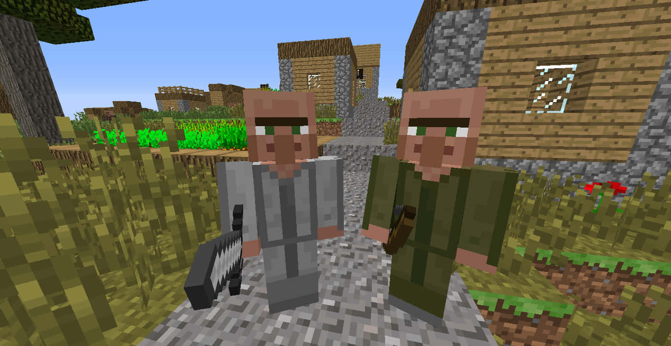 Minecraft Villager 桌布 壁紙 — 兩個Minecraft村民站在鵝卵石路上，附近有木頭和石頭建築物，在一個方塊草地村莊，上方是晴朗的藍天。