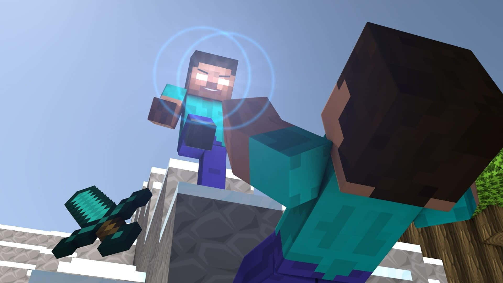 Minecraft Fight 桌布 壁紙 — 兩個Minecraft角色以方塊像素藝術風格站在石塊上，背景是晴朗的藍天，其中一個手持鑽石劍。
