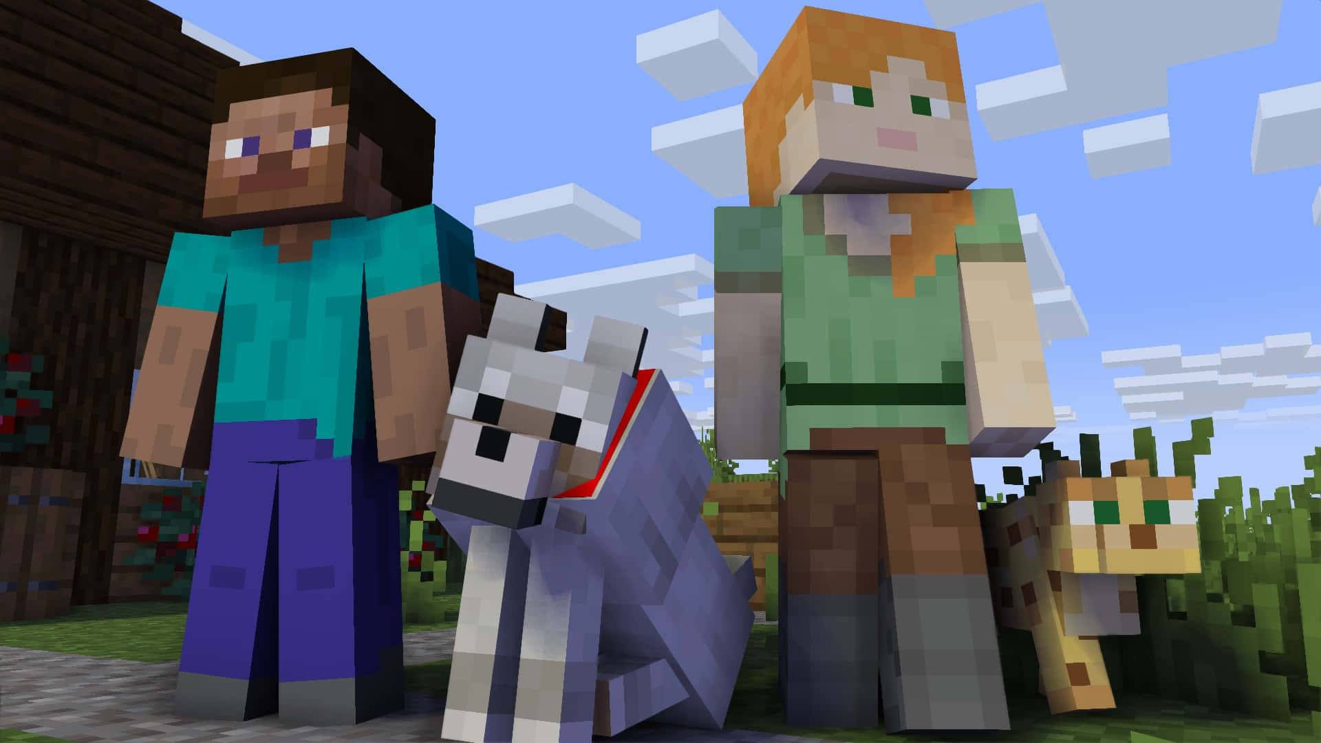 Minecraft Ocelot 桌布 壁紙 — 兩個Minecraft角色和他們的像素狗站在一間木屋外面，天空湛藍，白雲蓬鬆。