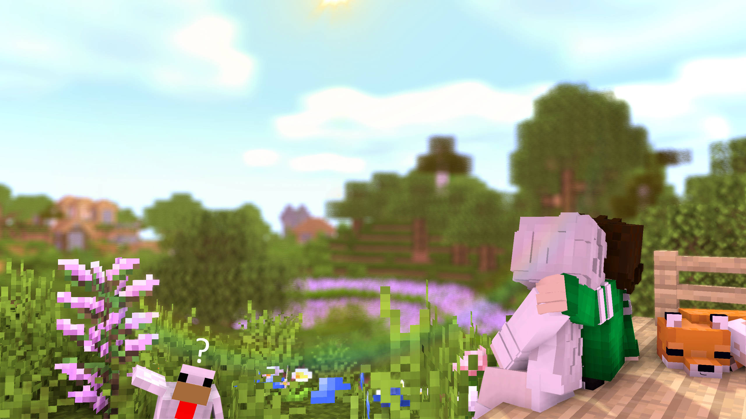 情侶 桌布 壁紙 — 兩個Minecraft角色在一個有紫色花和狐狸附近的像素化草地上的木長凳上擁抱。