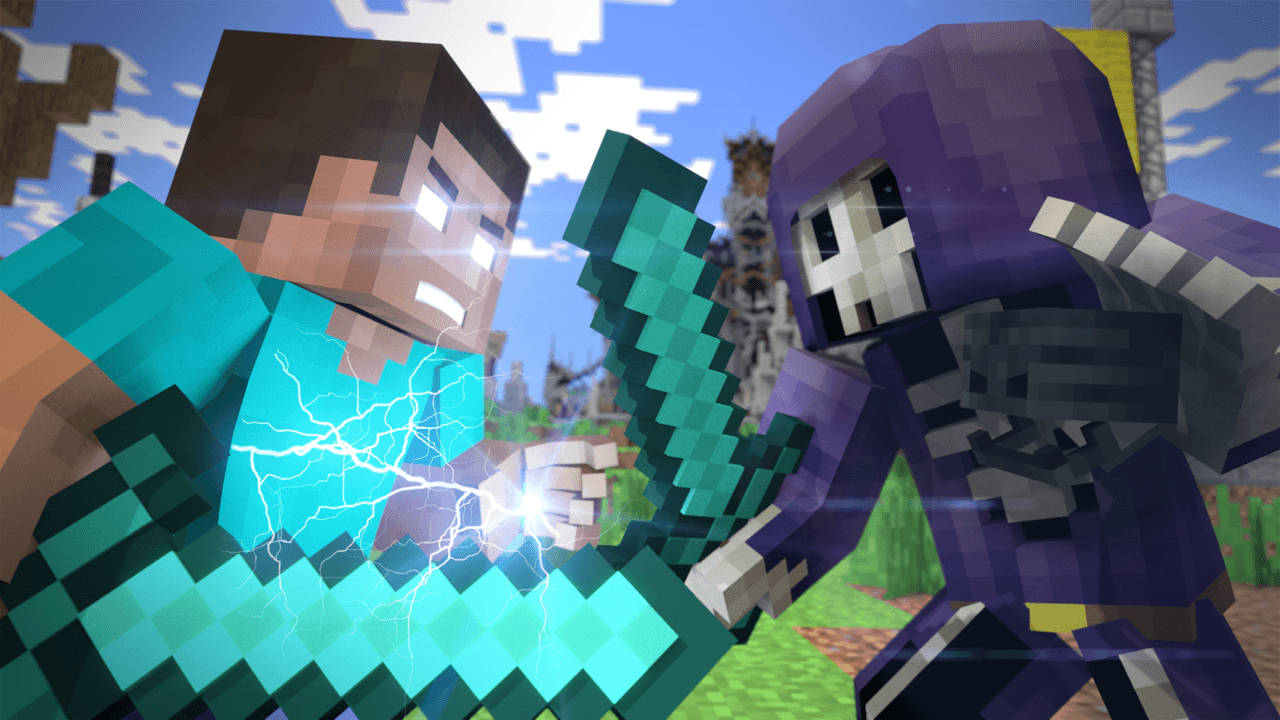 電玩遊戲 桌布 壁紙 — 兩個Minecraft角色在像素化戰鬥中碰撞，閃電在他們的鑽石劍之間劈啪作響，背景是明亮的天空。