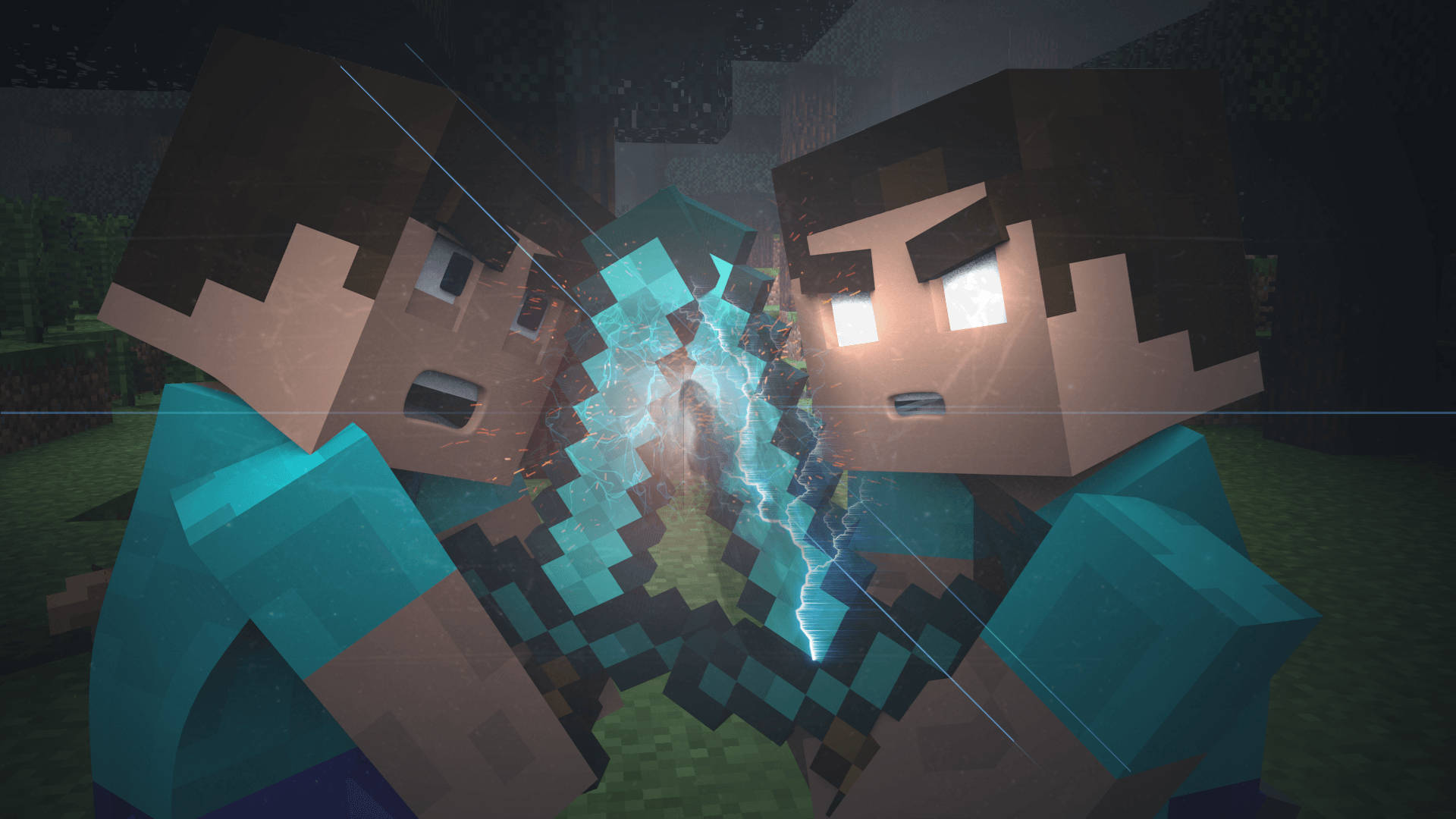 我的世界 史蒂夫 桌布 壁紙 — 兩個Minecraft角色在像素化戰鬥中碰撞，藍色發光能量在他們之間爆發。