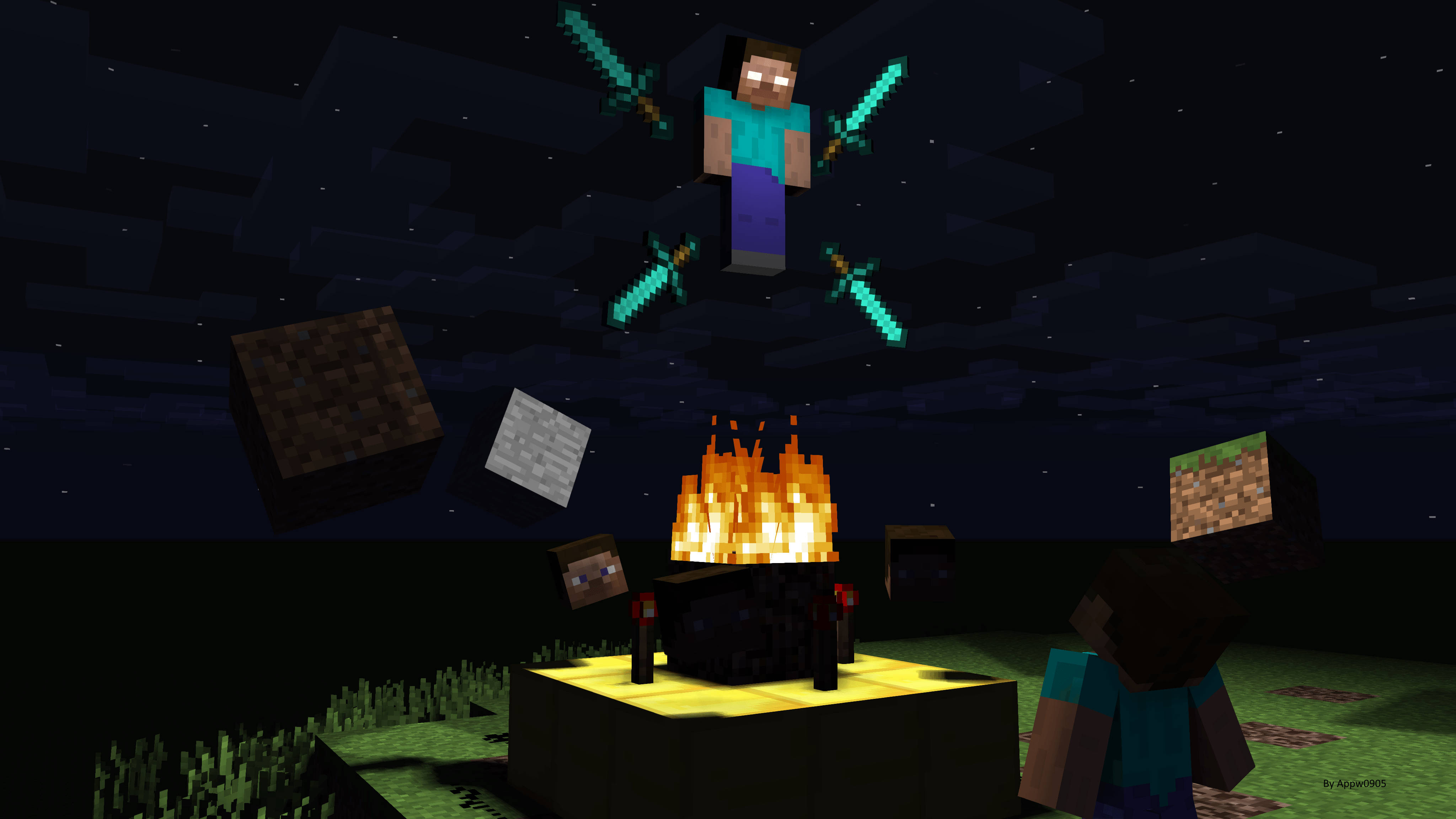 Herobrine 桌布 壁紙 — 兩個Minecraft角色在夜晚懸浮在營火上方，伴隨著浮動方塊和發光劍，在星空下。