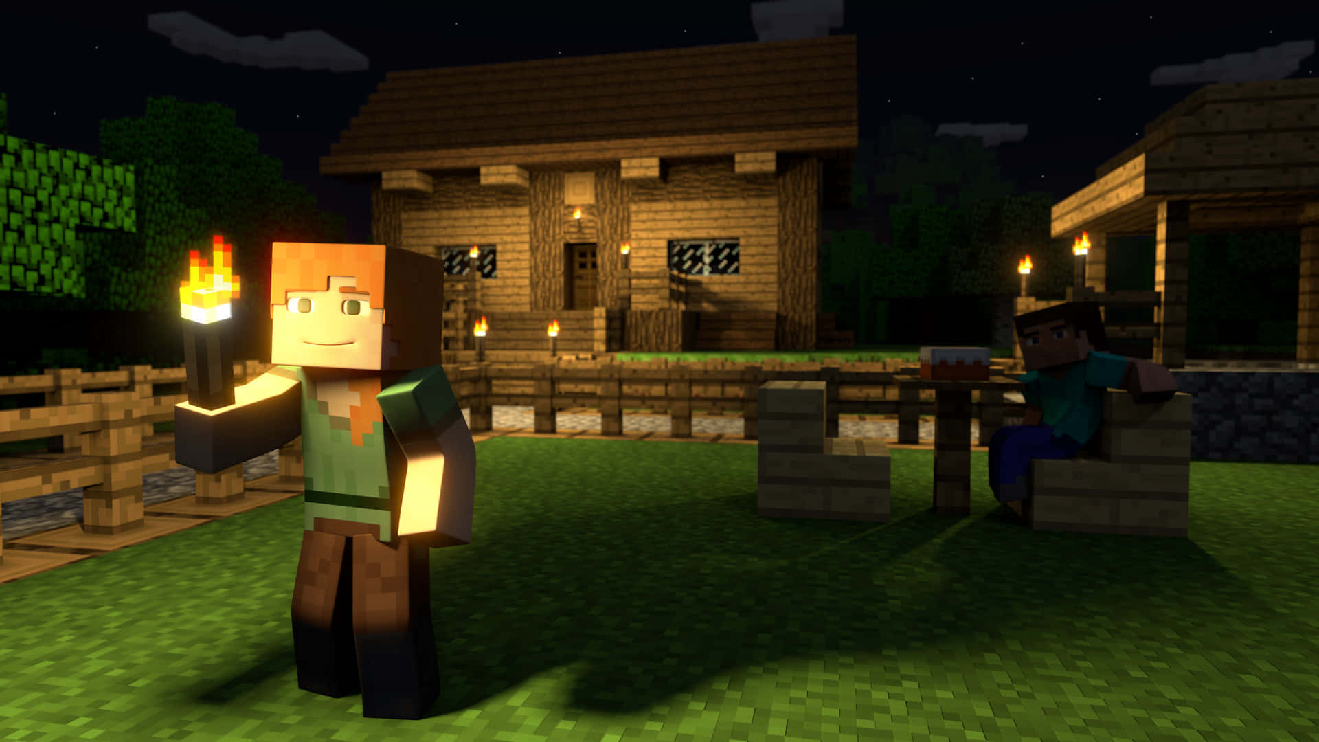 Minecraft Alex 桌布 壁紙 — 兩個Minecraft角色在星空下的木屋外手持火炬。