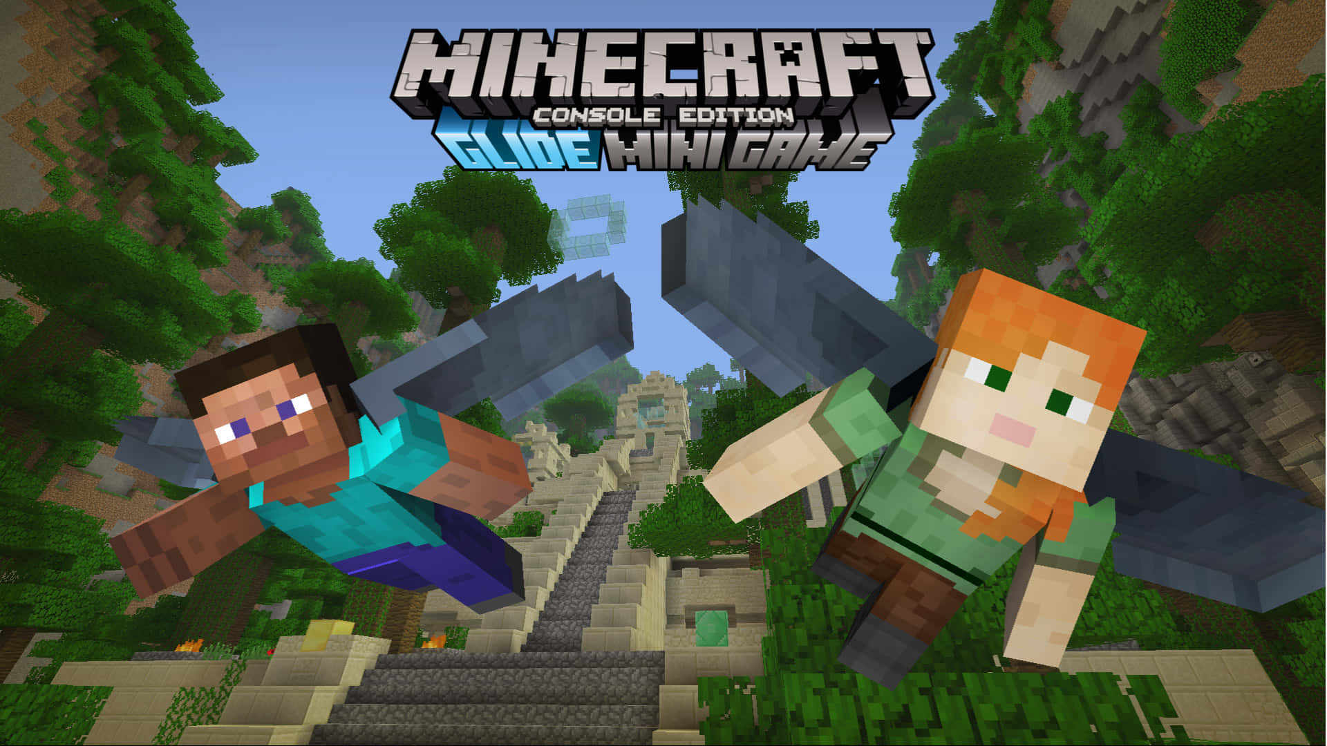 Minecraft Alex 桌布 壁紙 — 兩個Minecraft角色在清晰藍天下，滑翔穿過一個有石梯和浮動方塊的像素森林峽谷。