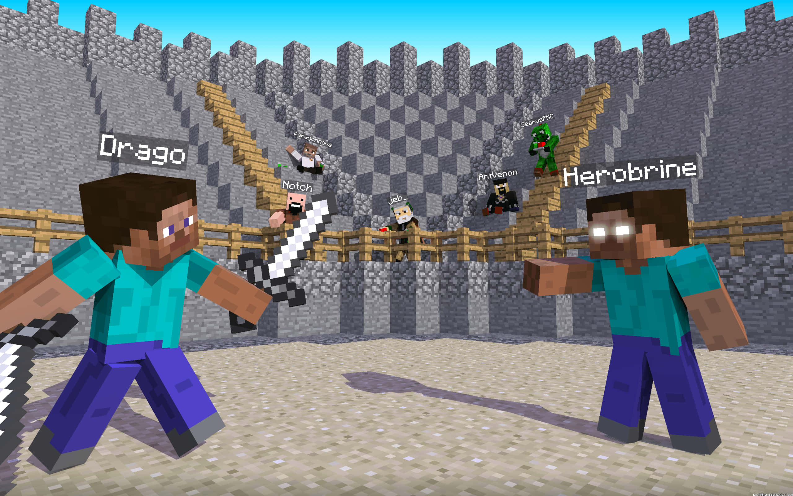 Herobrine 桌布 壁紙 — 兩個Minecraft角色在石頭競技場中對峙，像素戰士和Notch、Herobrine等標誌性人物從上方觀看。