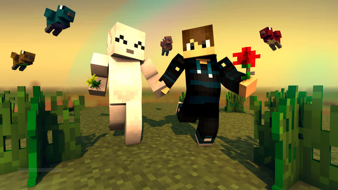 情侶 桌布 壁紙 — 兩個Minecraft角色手持花朵，穿過像素化草地，空中漂浮著生物，背景是溫暖的日落天空。