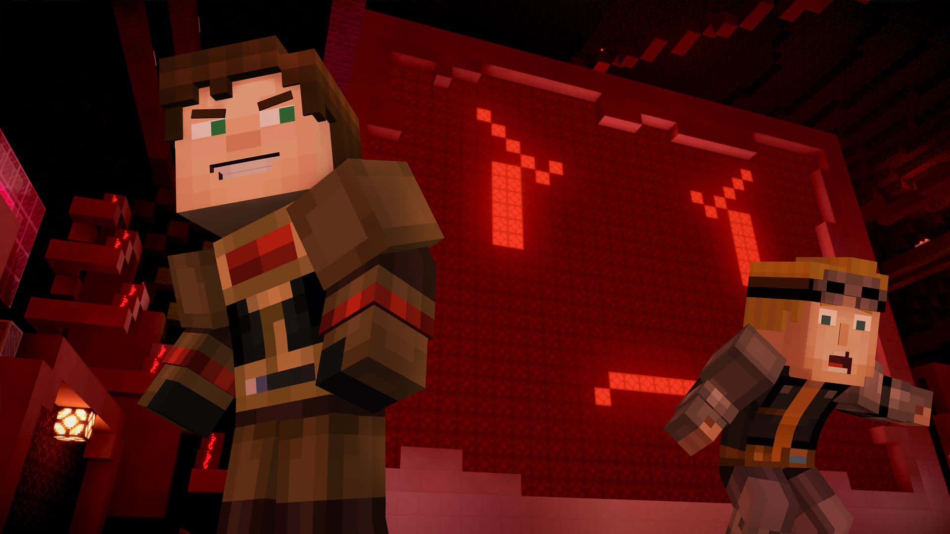 Minecraft Story Mode 桌布 壁紙 — 兩個Minecraft角色站在一個昏暗的紅色像素房間中，有發光的紅色方塊和一個燈籠投射出溫暖的光線。
