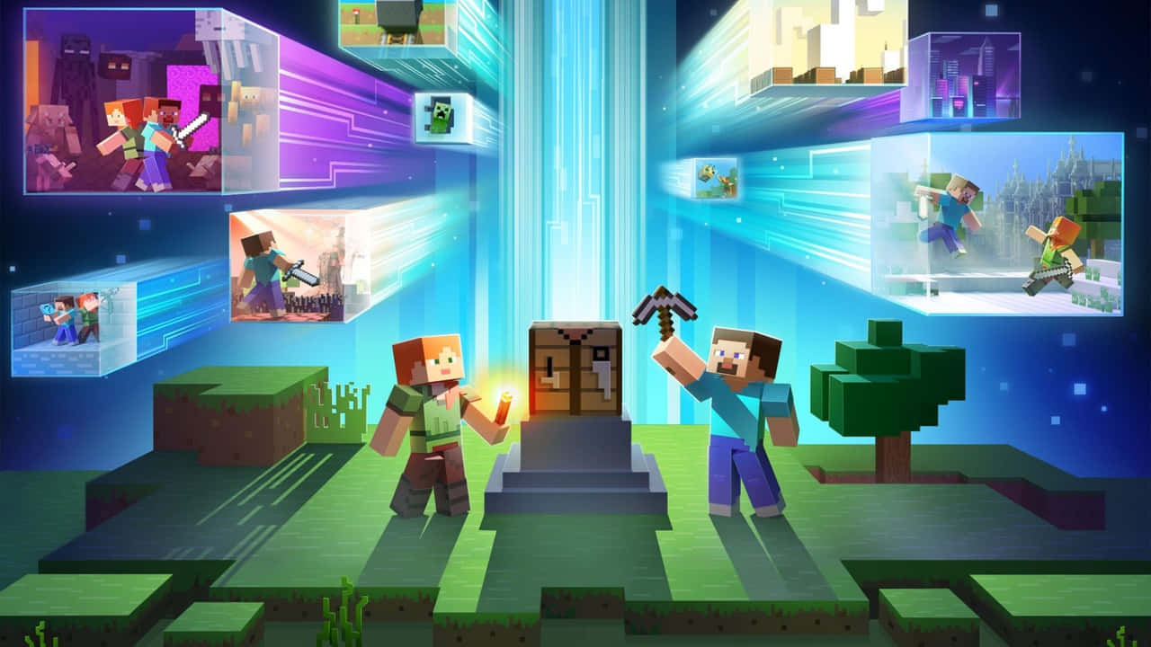 Story 桌布 壁紙 — 兩個Minecraft角色站在方塊狀的綠色景觀上，周圍有發光的藍色光束和漂浮的遊戲場景。