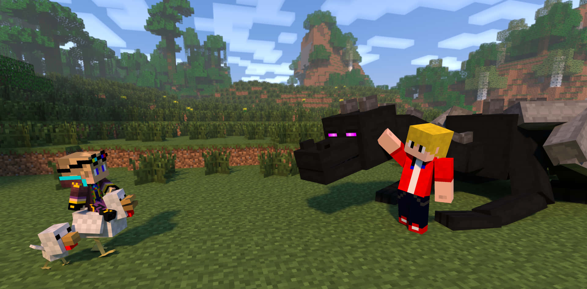 我的世界 桌布 壁紙 — 兩個Minecraft角色站在草地上，面對一隻有著發光紫色眼睛的大黑狼。