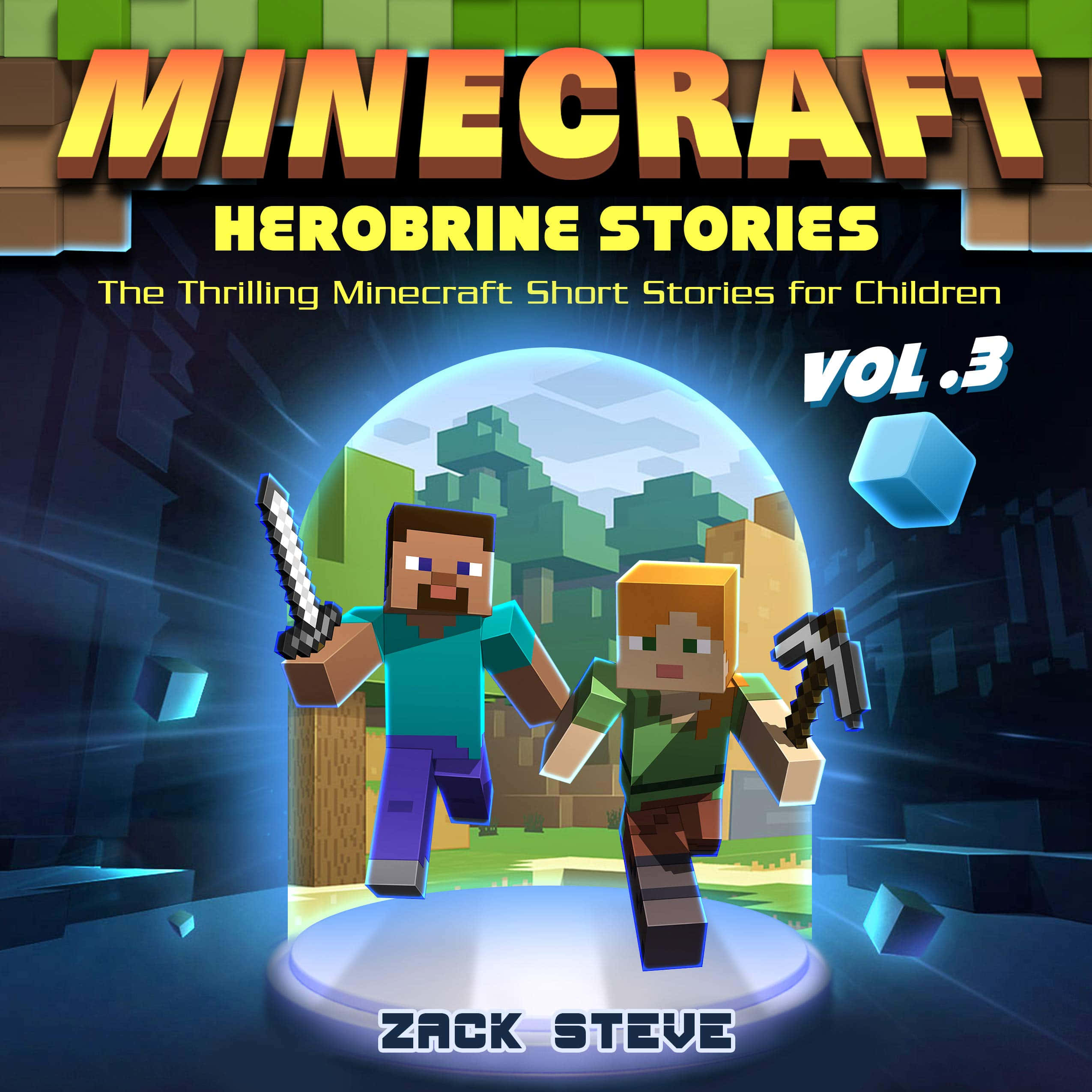 Herobrine Minecraft 桌布 壁紙 — 兩個Minecraft角色英雄式地站在一個發光的傳送門中，周圍有方塊樹和漂浮的立方體，處於黑暗的數位場景。