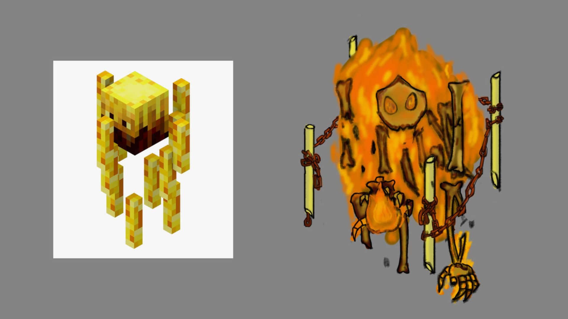 Minecraft Blaze 桌布 壁紙 — 兩個Minecraft風格生物並排：一個像素化黃金魔像和一個被鎖鏈鎖在柱子上的火焰骷髏實體。