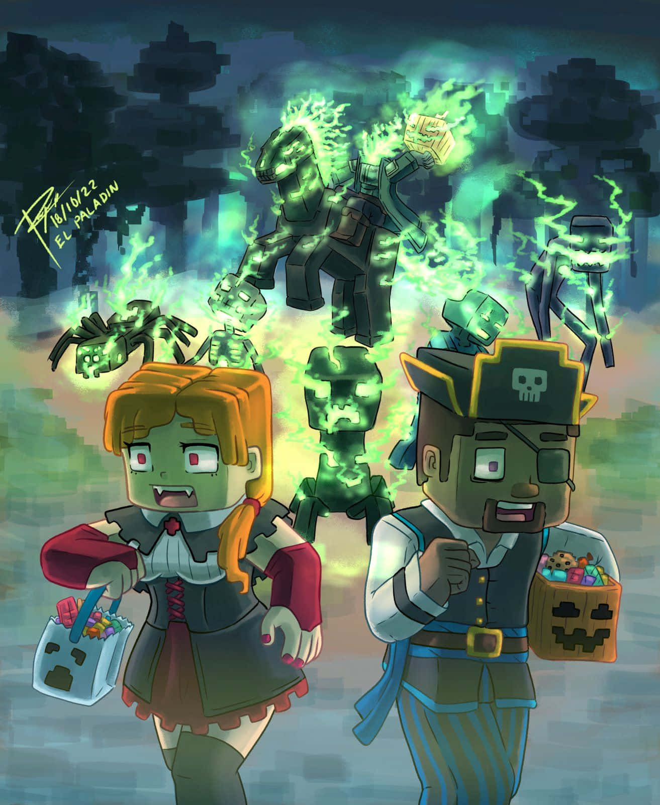 Minecraft Art 桌布 壁紙 — 兩個Minecraft風格的小孩穿著萬聖節服裝，在陰森的像素森林中驚恐地逃離發光的綠色殭屍群。