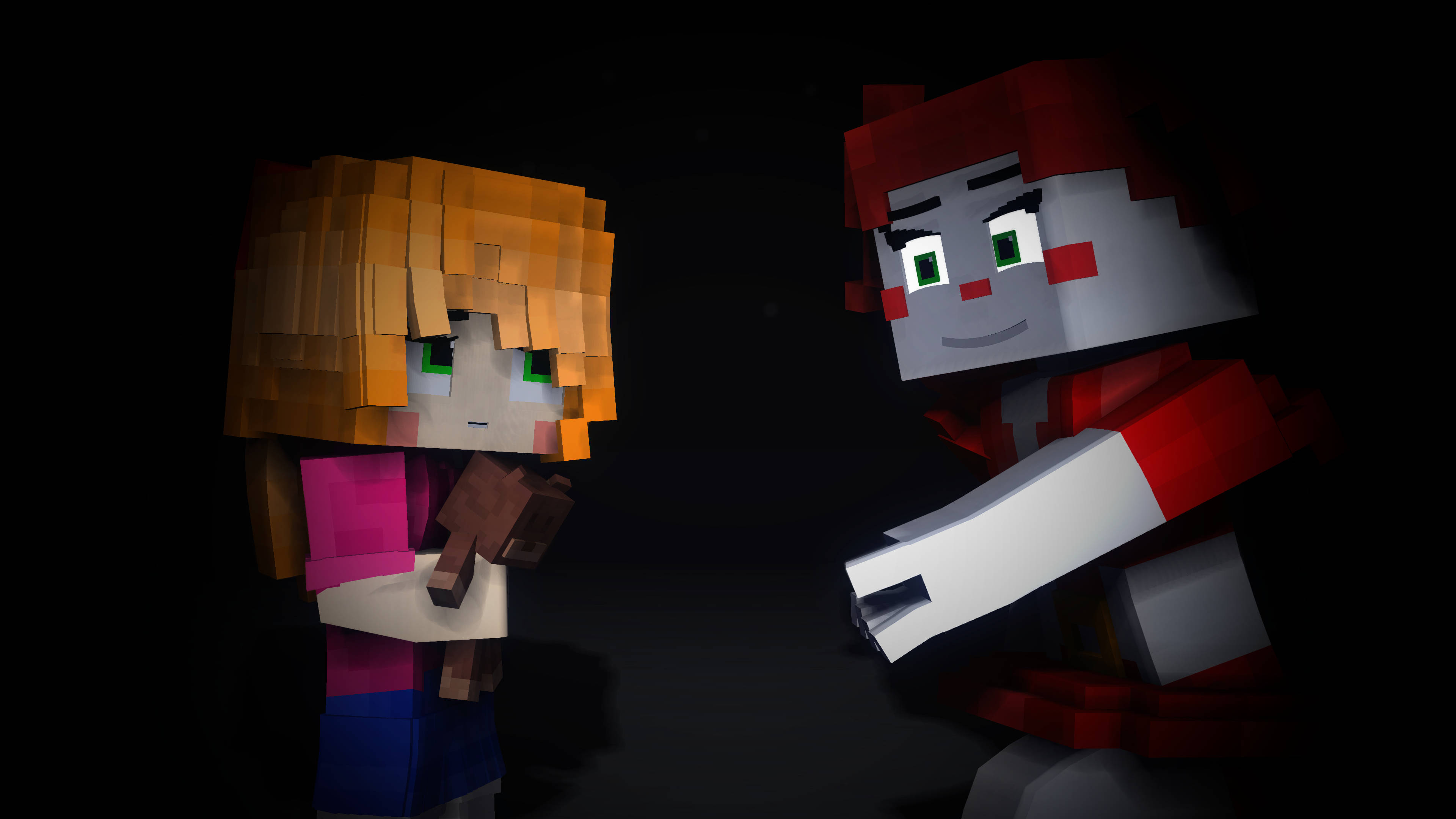 Circus 桌布 壁紙 — 兩個Minecraft風格的方塊角色在黑暗環境中面對面，眼睛發出綠色光芒。