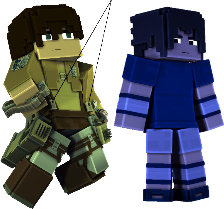 米卡莎·阿卡曼 桌布 壁紙 — 兩個Minecraft風格的方塊角色並排站在黑色背景前，一個穿著黃褐色裝備，另一個穿著藍色條紋服裝。