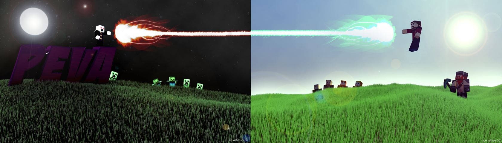 我的世界 桌布 壁紙 — 兩個Minecraft風格角色在明亮的太陽和月亮下，穿過草地發射發光的射線。