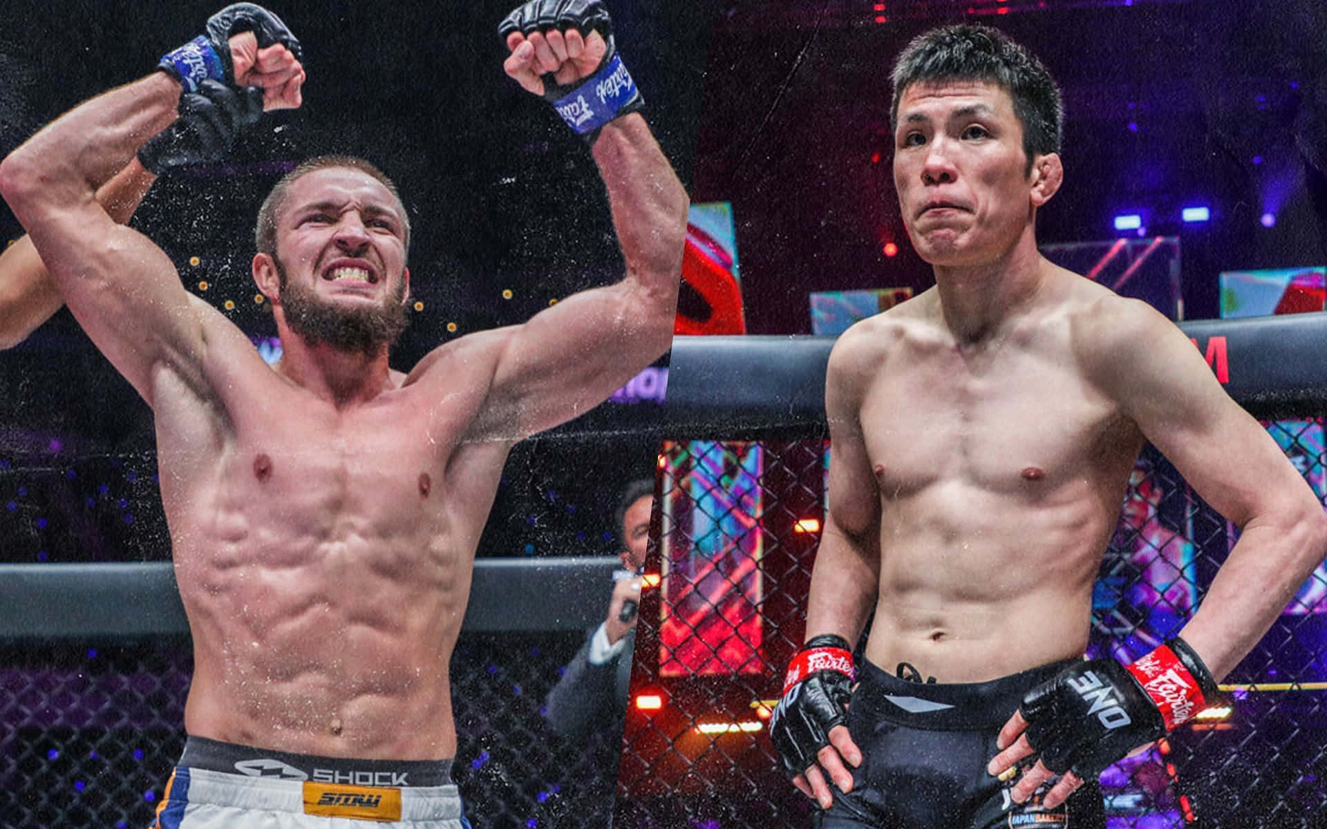 martial arts 桌布 壁紙 — 兩個MMA拳手在籠中，一個舉起拳頭慶祝勝利，另一個在場館燈光下顯得沮喪。