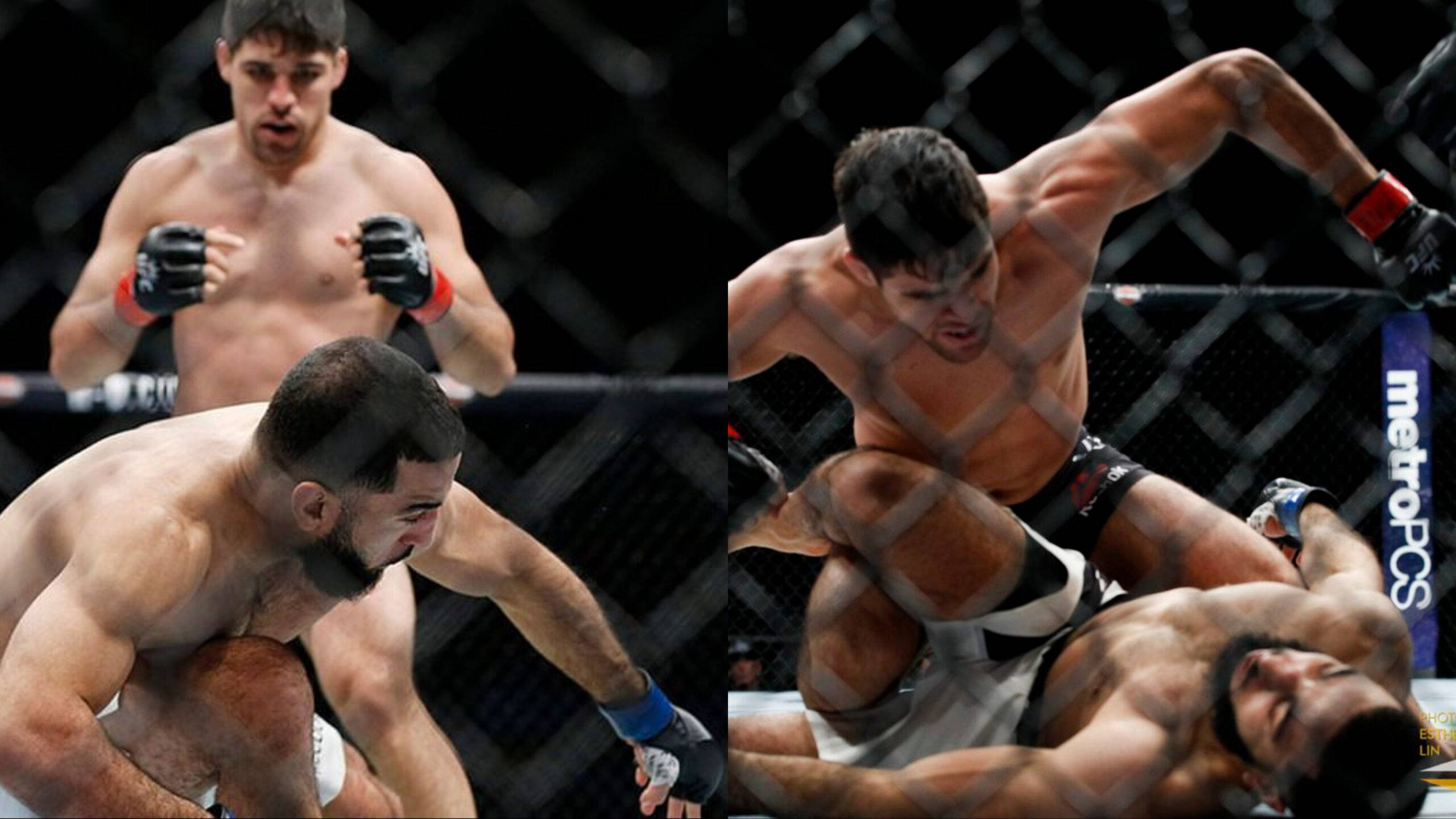 UFC 桌布 壁紙 — 兩個MMA拳手在籠中，一個警覺地站立，另一個對對手執行強力摔倒。