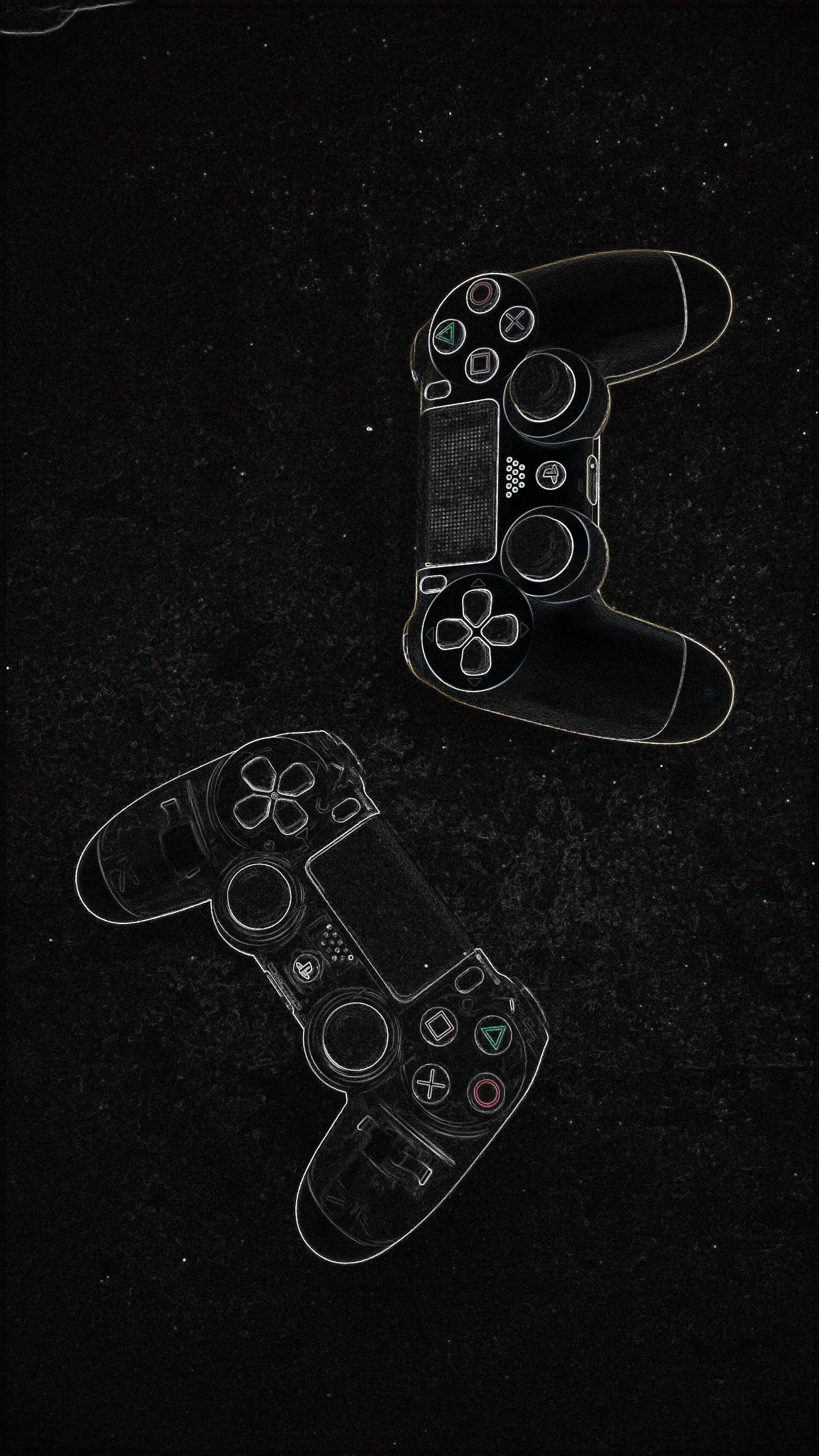 PlayStation 桌布 壁紙 — 兩個PlayStation控制器在紋理黑色背景上以白色發光輪廓勾勒。