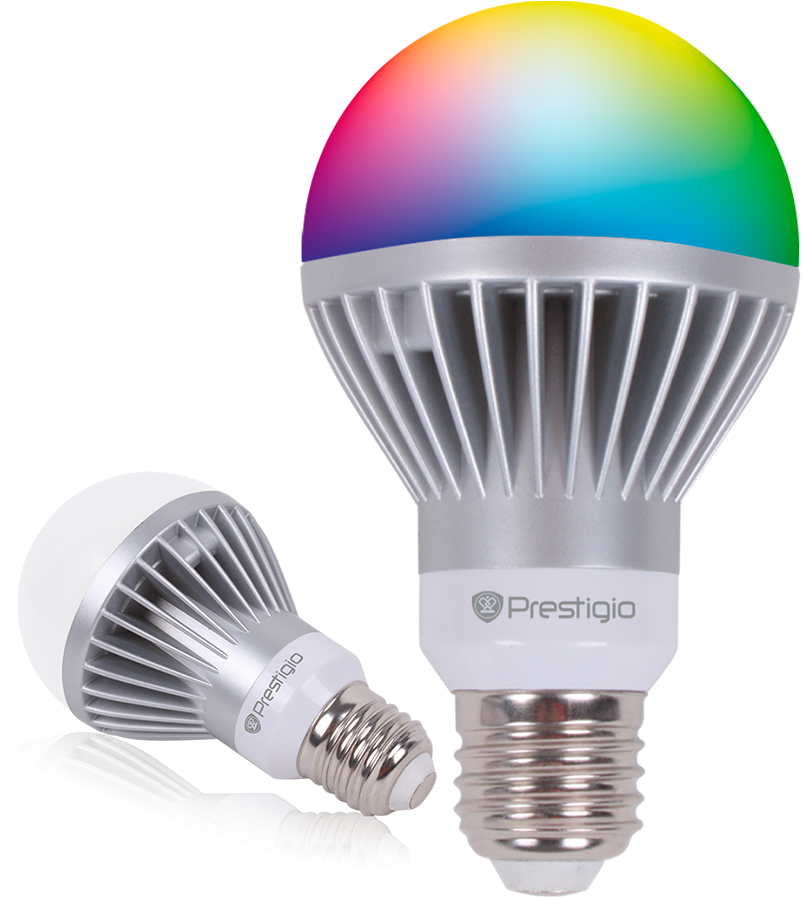 LED 桌布 壁紙 — 兩個Prestigio智能LED燈泡，一個發出彩虹光譜，另一個白色，背景為黑色。