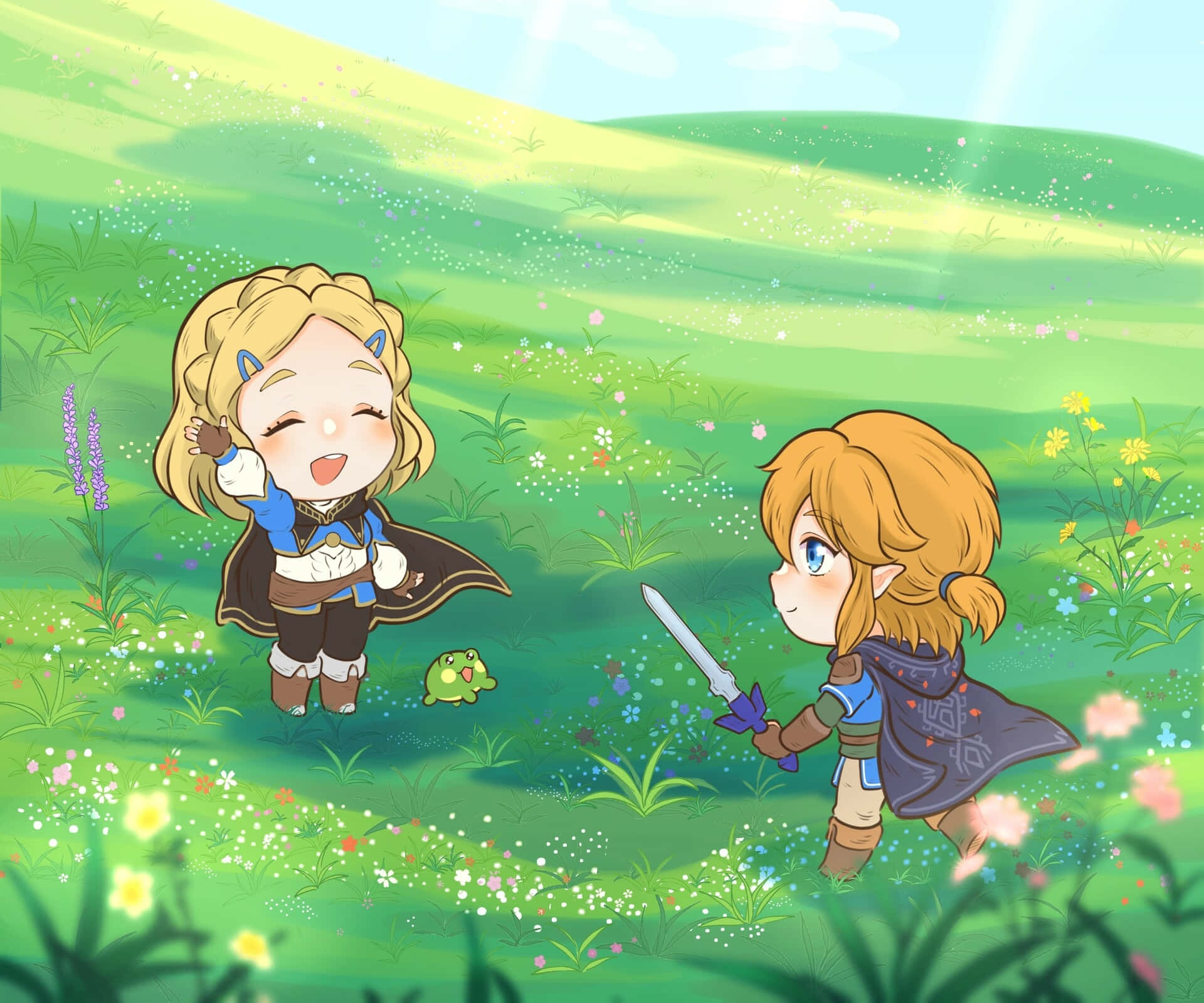 The Legend Of Zelda Tears Of The Kingdom 桌布 壁紙 — 兩個Q版冒險家在陽光照耀的草地上，周圍有野花和一隻小青蛙，一個拿著劍，另一個開心地笑著。