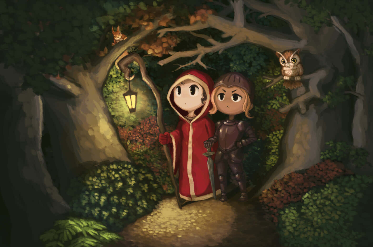 Storybook 桌布 壁紙 — 兩個Q版冒險家在黑暗森林中，一個穿著紅色斗篷拿著燈籠，另一個穿著盔甲拿著劍，貓頭鷹棲息在樹上。