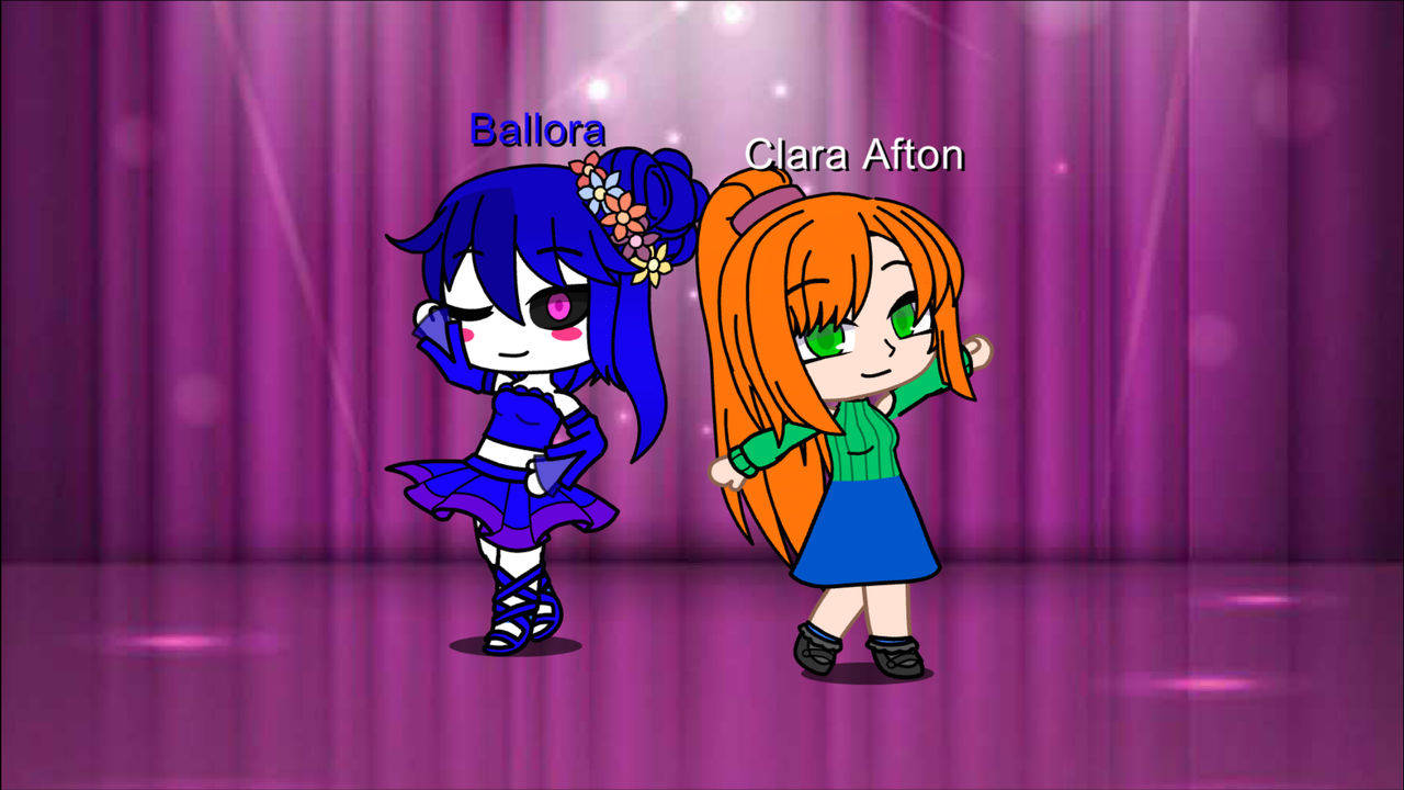 Clara Afton 桌布 壁紙 — 兩個Q版動漫女孩在紫色舞台上於聚光燈下跳舞，她們上方有名字。