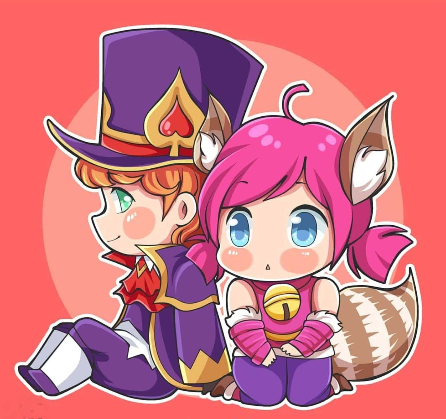 Mobile Legends 動態圖 桌布 壁紙 — 兩個Q版動漫角色，一個戴紫色高帽的男孩和一個有浣熊尾巴的粉紅髮女孩，一起坐在珊瑚色背景前。