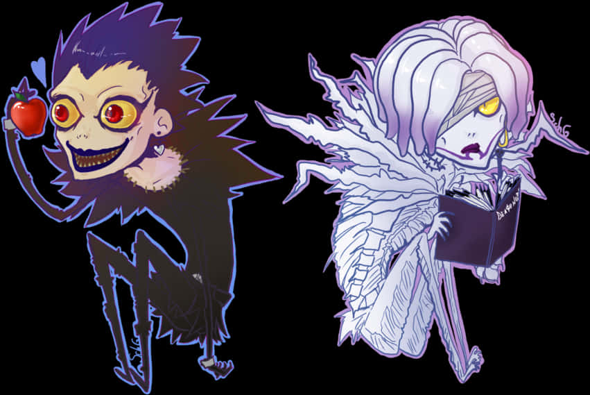 Death Note Ryuk 桌布 壁紙 — 兩個Q版動漫角色，一個拿著紅蘋果，另一個拿著書本，背景為黑色。