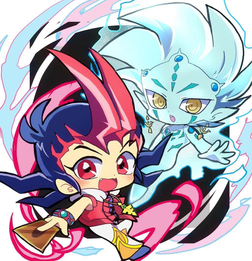 Yuma Tsukumo 桌布 壁紙 — 兩個Q版動漫角色，一個火紅，一個冰藍，在動態能量漩渦中碰撞。