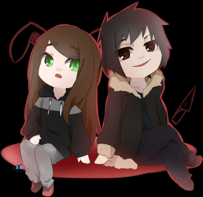 Anime Chibi 桌布 壁紙 — 兩個Q版動漫角色並排坐在黑色背景的紅色坐墊上，一個有綠色眼睛和兔耳，另一個帶著冷笑，附近有一把匕首。