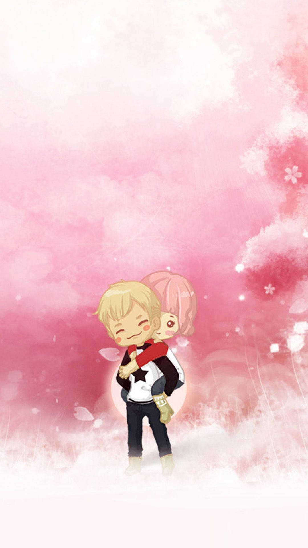 Cute Couples Cartoon 桌布 壁紙 — 兩個Q版動漫角色在柔和的粉紅色花卉背景中，伴隨著飄浮的花瓣，溫暖地擁抱在一起。