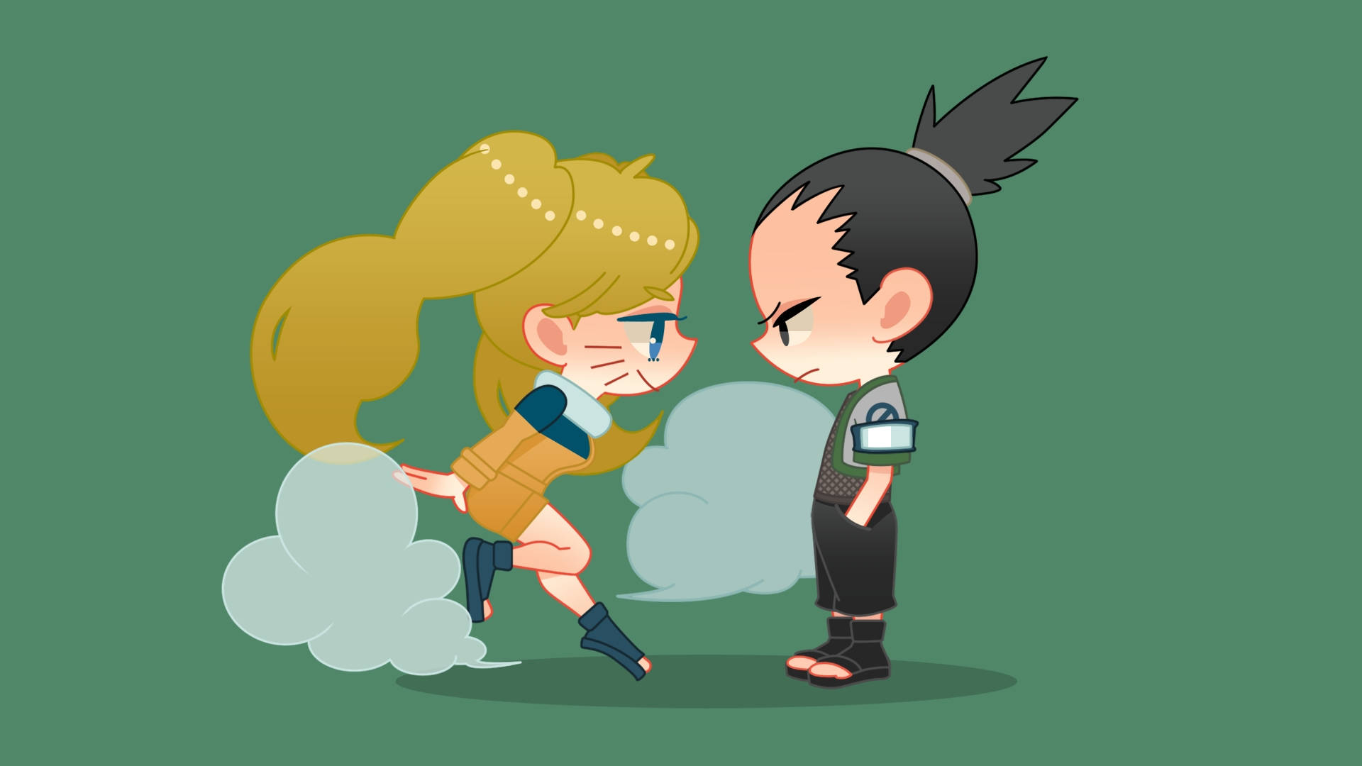 Shikamaru 桌布 壁紙 — 兩個Q版動漫角色在純綠色背景前對峙，表情憤怒，腳下有煙霧雲團。
