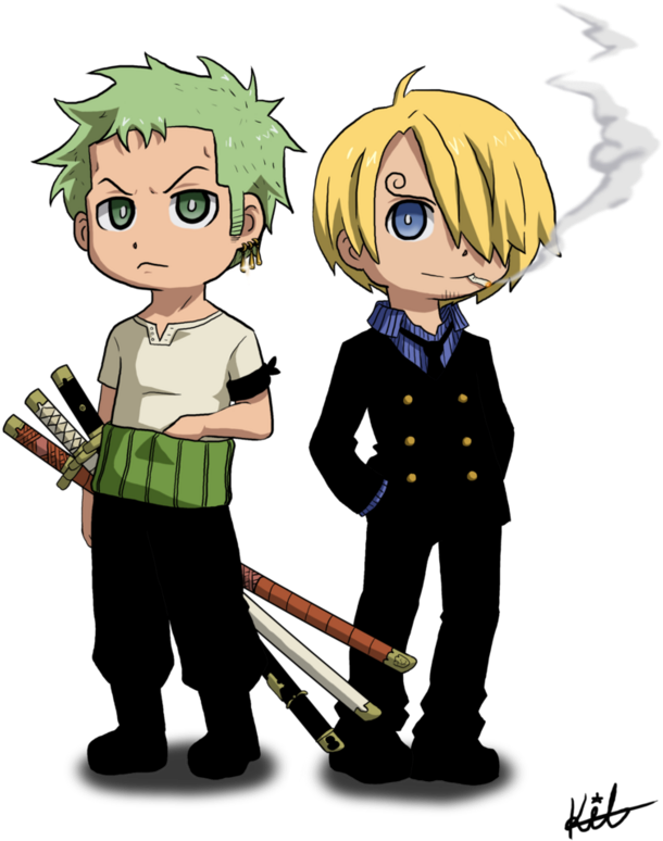Sanji 桌布 壁紙 — 兩個Q版動漫角色手持劍，站在黑色背景前，一個綠髮皺眉，另一個金髮抽煙。