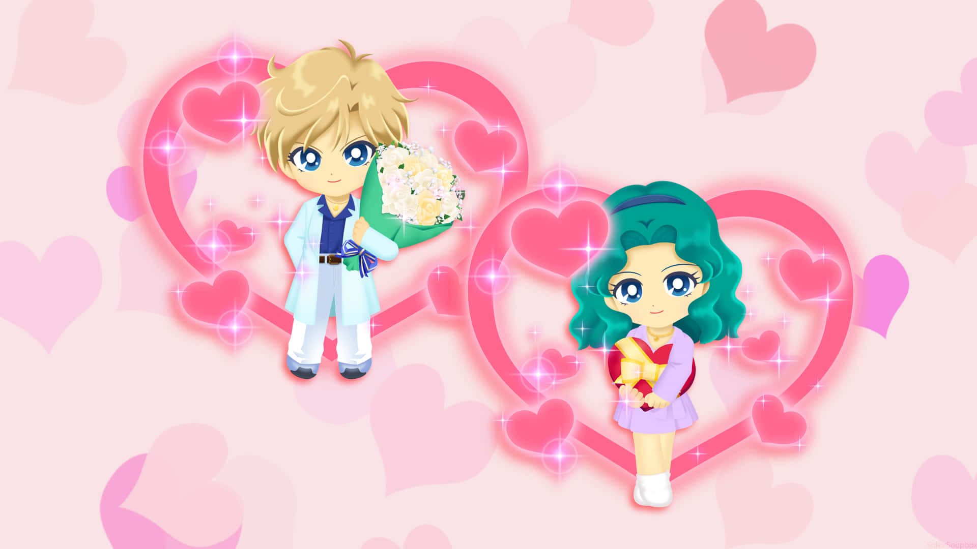 Sailor Uranus 桌布 壁紙 — 兩個Q版動漫角色站在發光的粉紅色心形中間，手持花束，營造浪漫情人節場景。