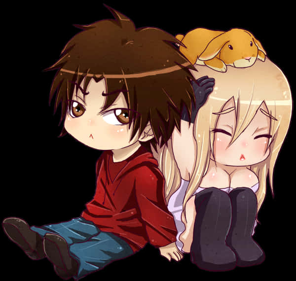 Anime Chibi 桌布 壁紙 — 兩個Q版動漫角色緊貼而坐，一隻小橙色兔子棲息在女孩頭上，背景為黑色。