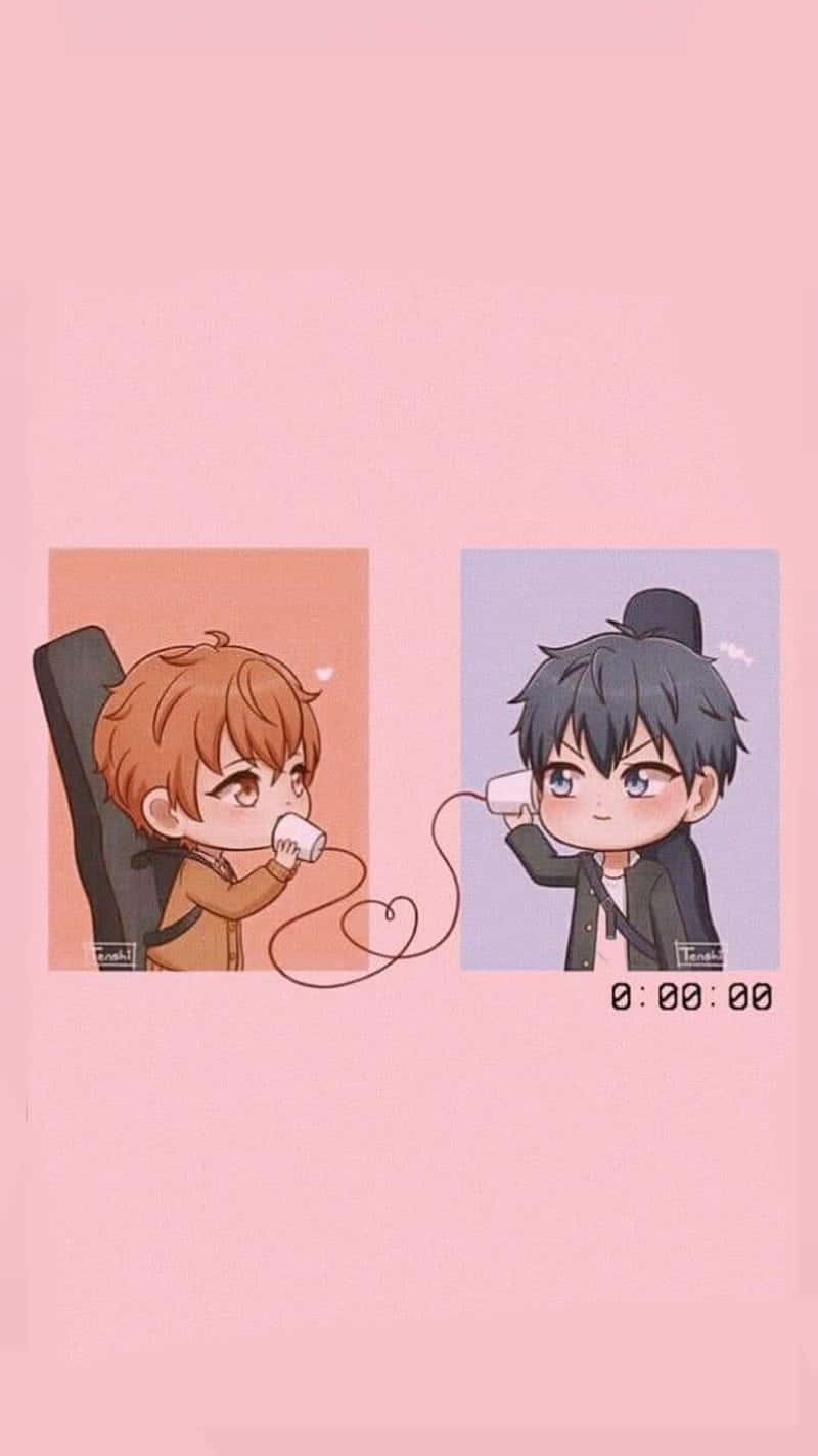Given Anime 桌布 壁紙 — 兩個Q版動畫男孩從相連的杯子中啜飲，背景是柔和的粉紅色，下方有一個計時器。