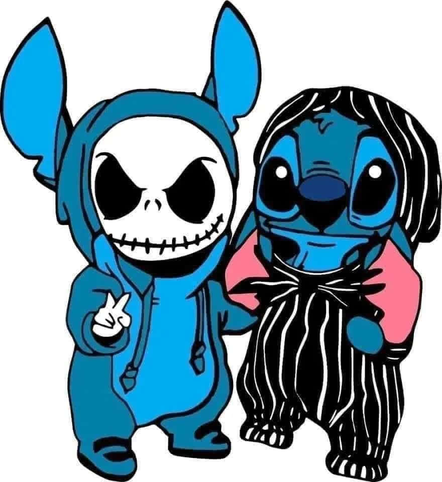 桌布 壁紙 — 兩個Q版卡通角色，一個打扮成Jack Skellington，另一個打扮成穿著條紋服裝的Stitch，一起擺姿勢。