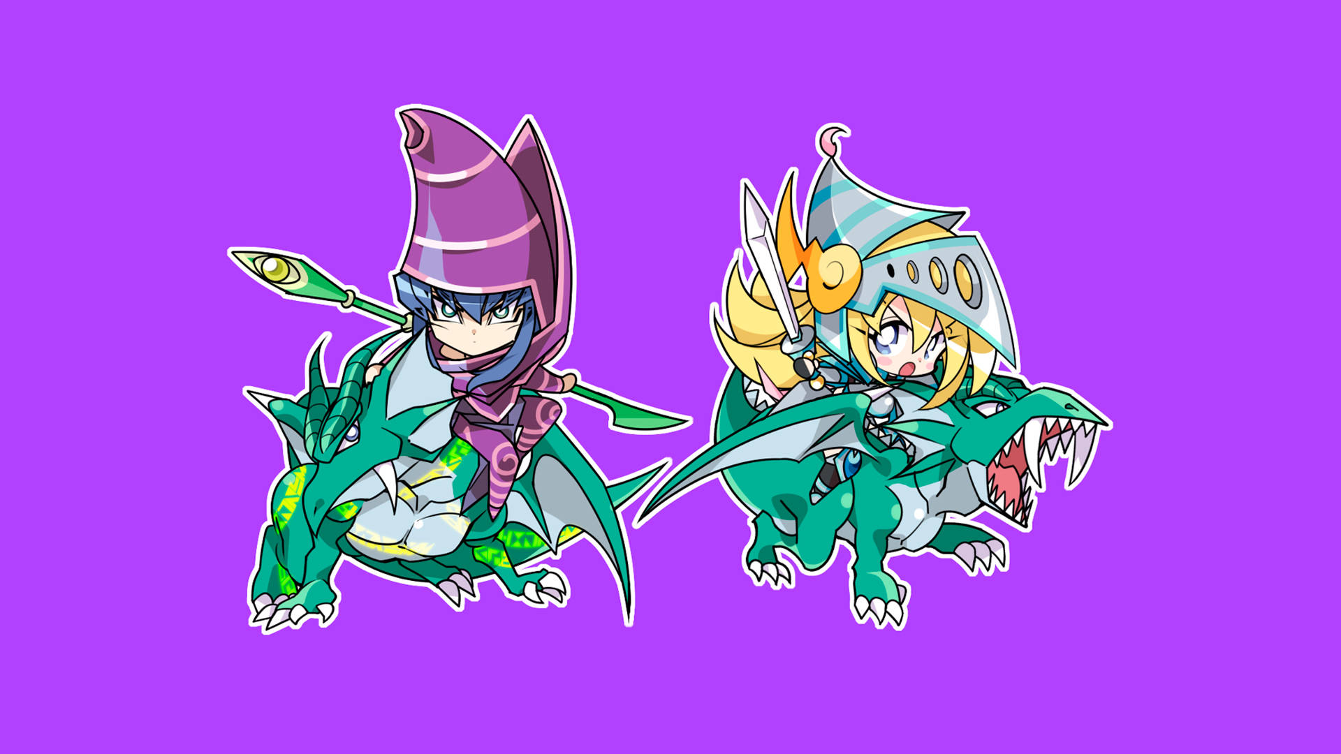 Yugioh 桌布 壁紙 — 兩個Q版奇幻戰士騎著綠色龍，背景為純紫色。