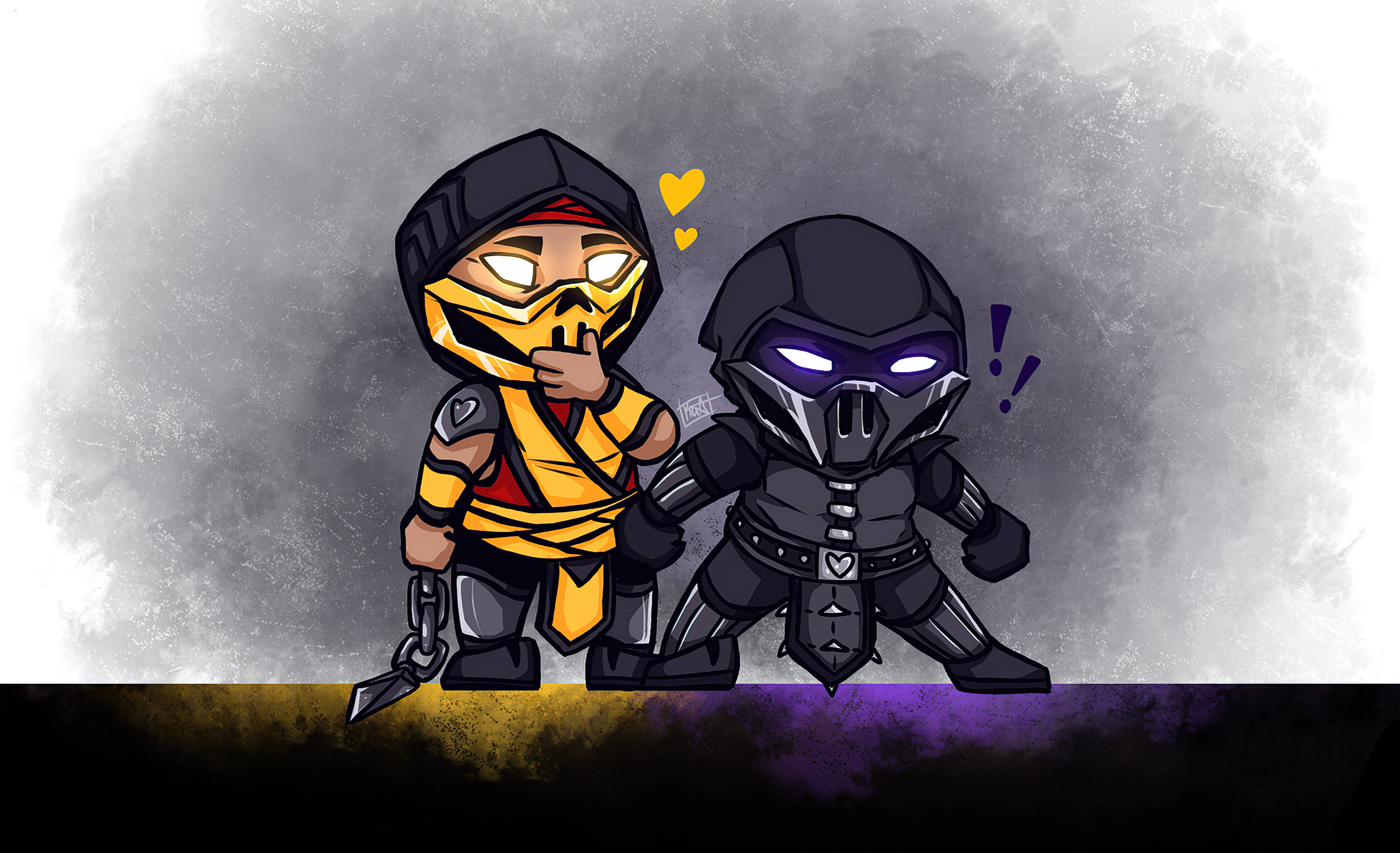 mortal kombat scorpion vs sub zero 桌布 壁紙 — 兩個Q版忍者角色，一個黃色有愛心眼，另一個黑色有震驚表情，背景是煙灰色。