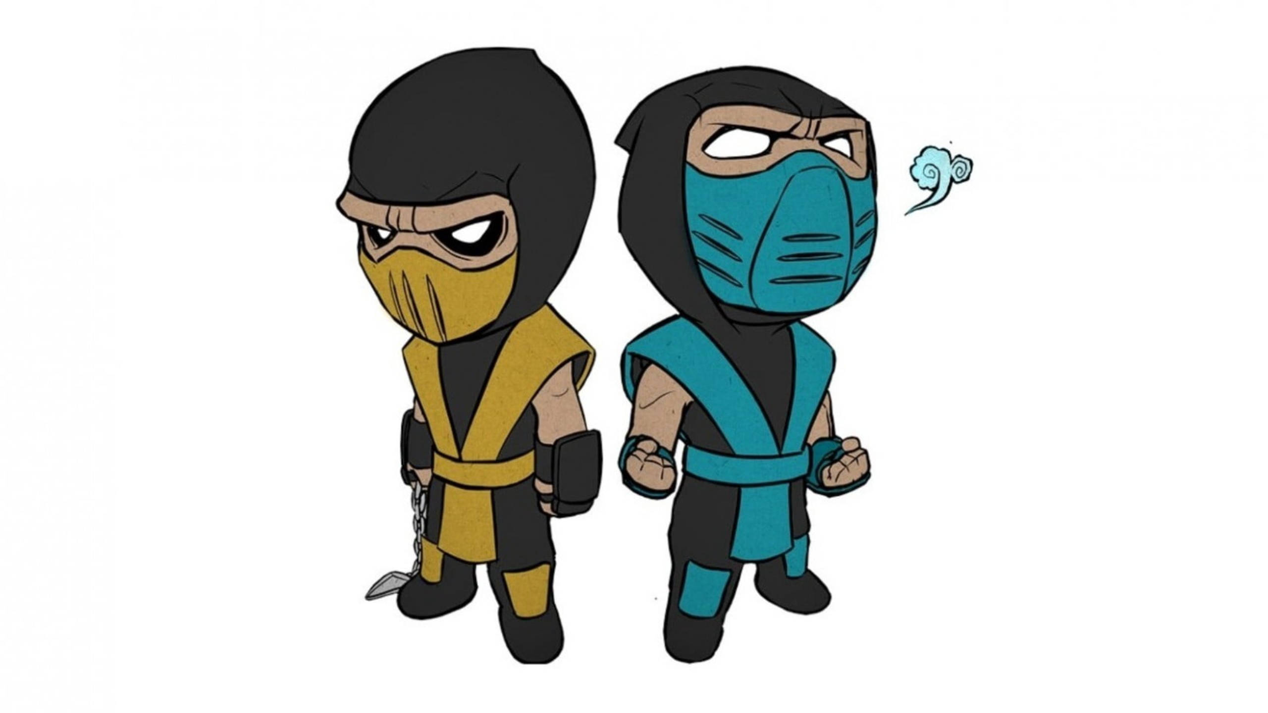 Sub-zero 桌布 壁紙 — 兩個Q版忍者角色，身穿黃色和藍綠色服裝，並排站立，表情嚴肅。