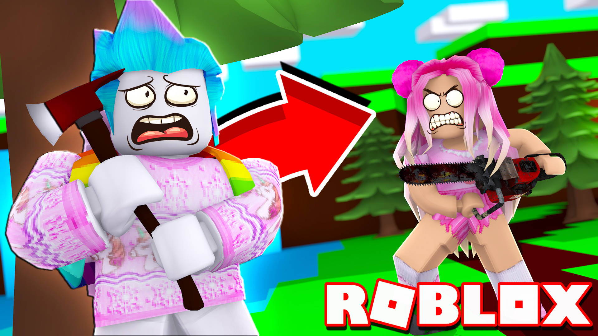Leah Ashe 桌布 壁紙 — 兩個Roblox角色誇張憤怒表情，一個拿著斧頭，另一個拿著電鋸，中間有紅色箭頭指向。