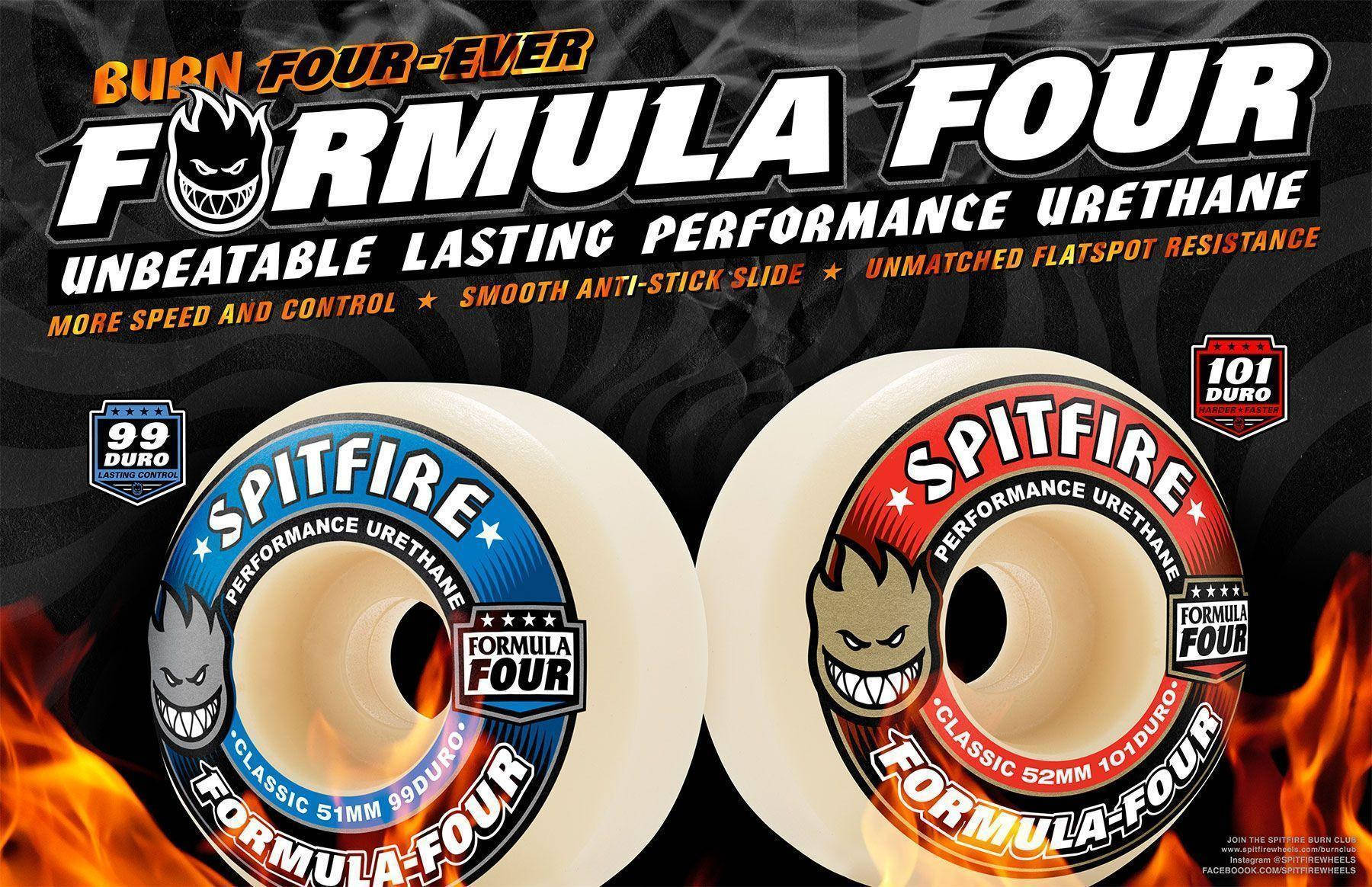 標誌 桌布 壁紙 — 兩個Spitfire Formula Four滑板輪，帶有火焰圖案和粗體文字，宣傳高性能聚氨酯。